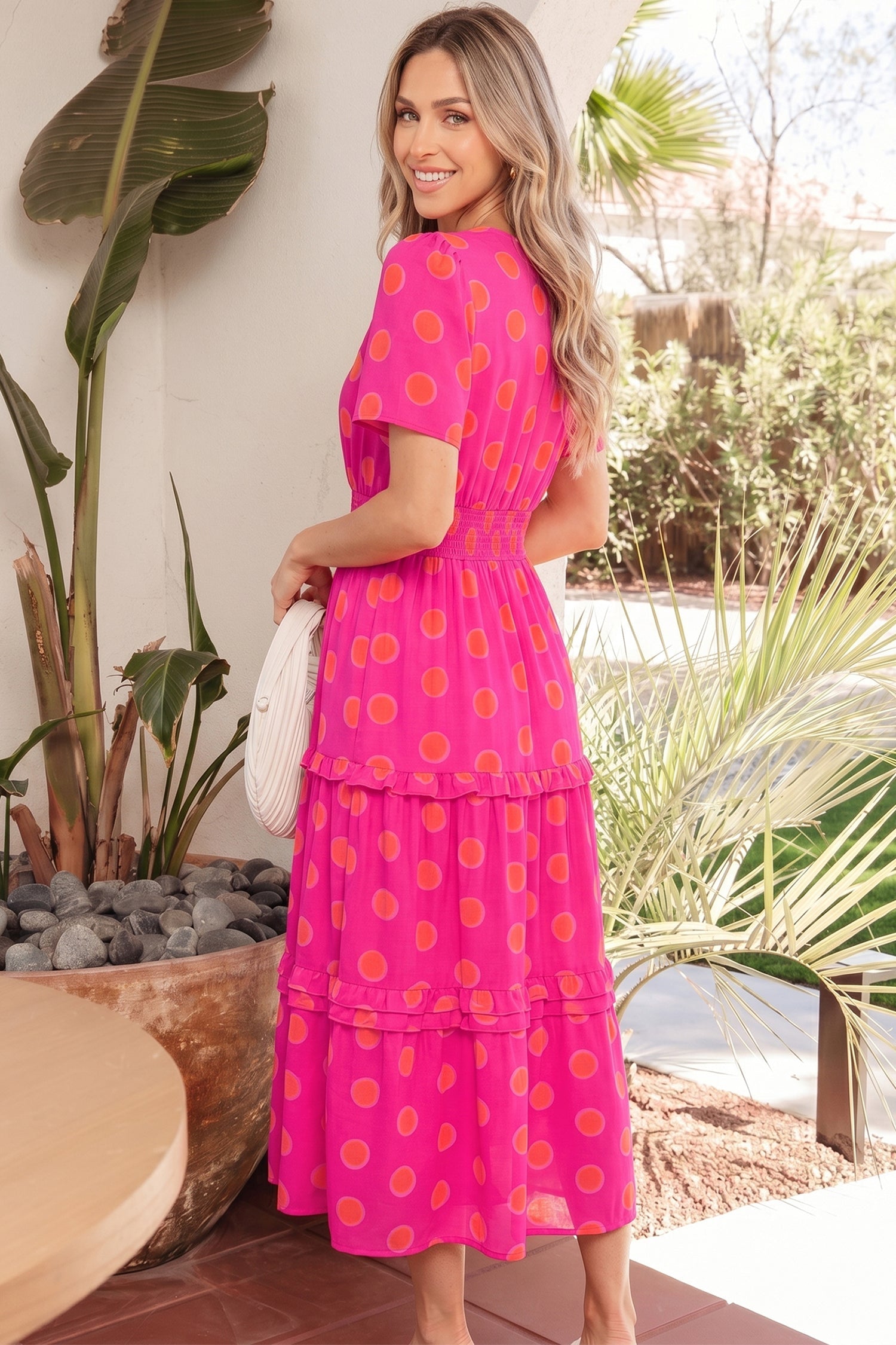 Myra High Waist Midi Dress - Vibrant Polka Dot V-Neck A-Line
