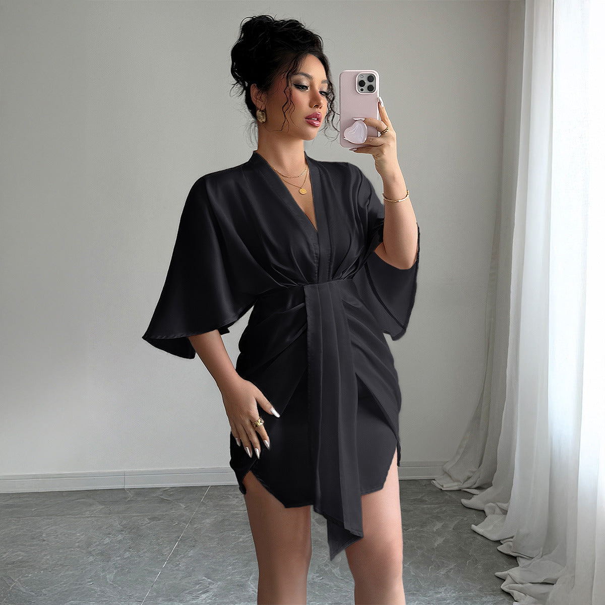 Deep V-Neck Wide Sleeve Hip Skirt Dress with Lace-Up Detail