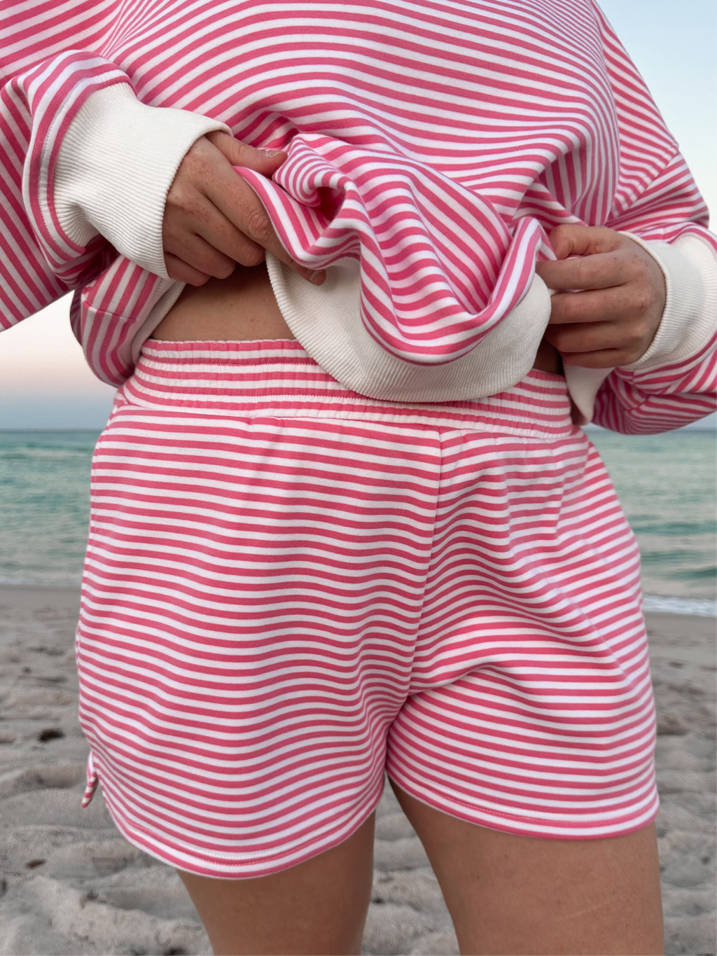 Dark Pink and White Striped Unisex Shorts - Relaxed Fit Lounge Wear