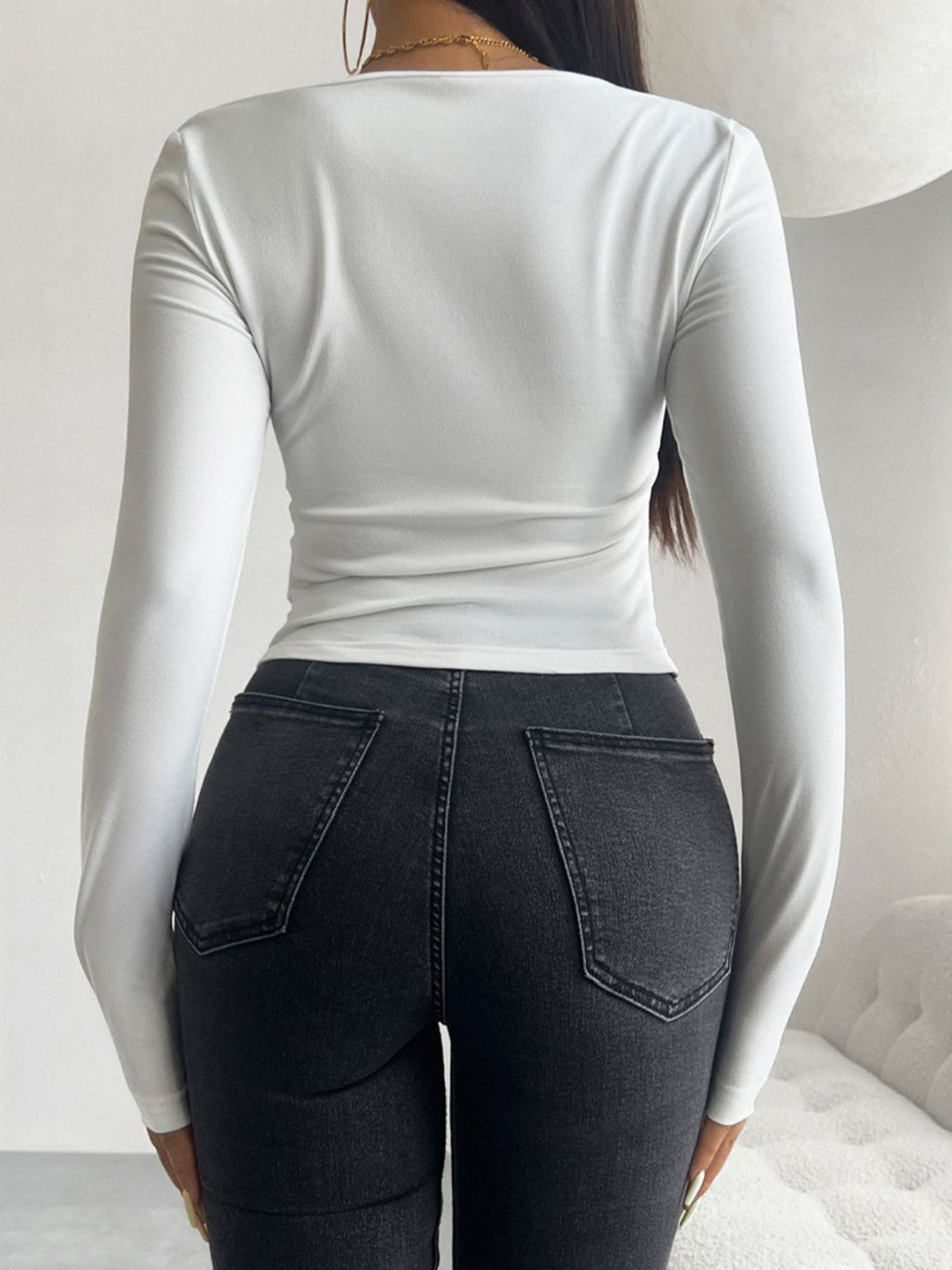 Devine Long Sleeve Tied Front Top in White - Image 2