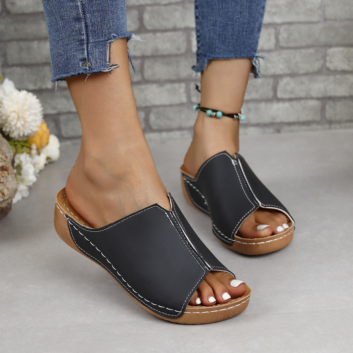 Women's Comfortable PU Leather Open Toe Low Heel Slide Sandals - Image 6