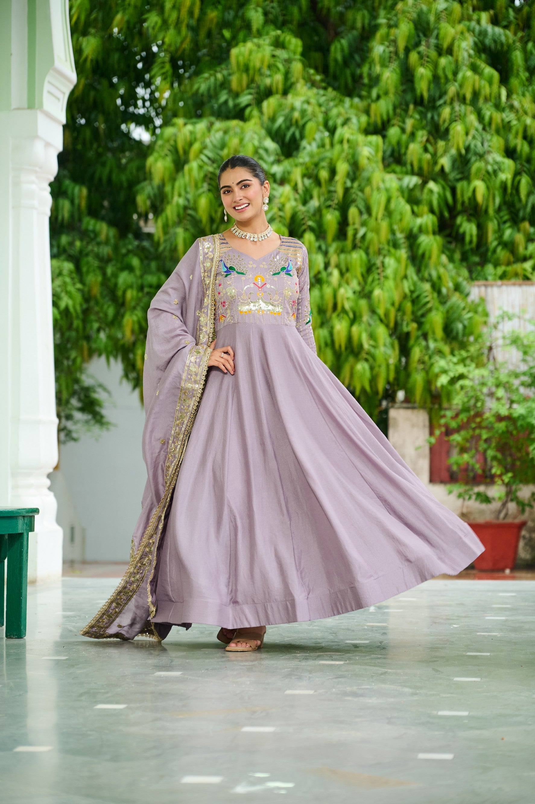 Onionpink Vichitra Silk Anarkali Gown with Sequins and Zari