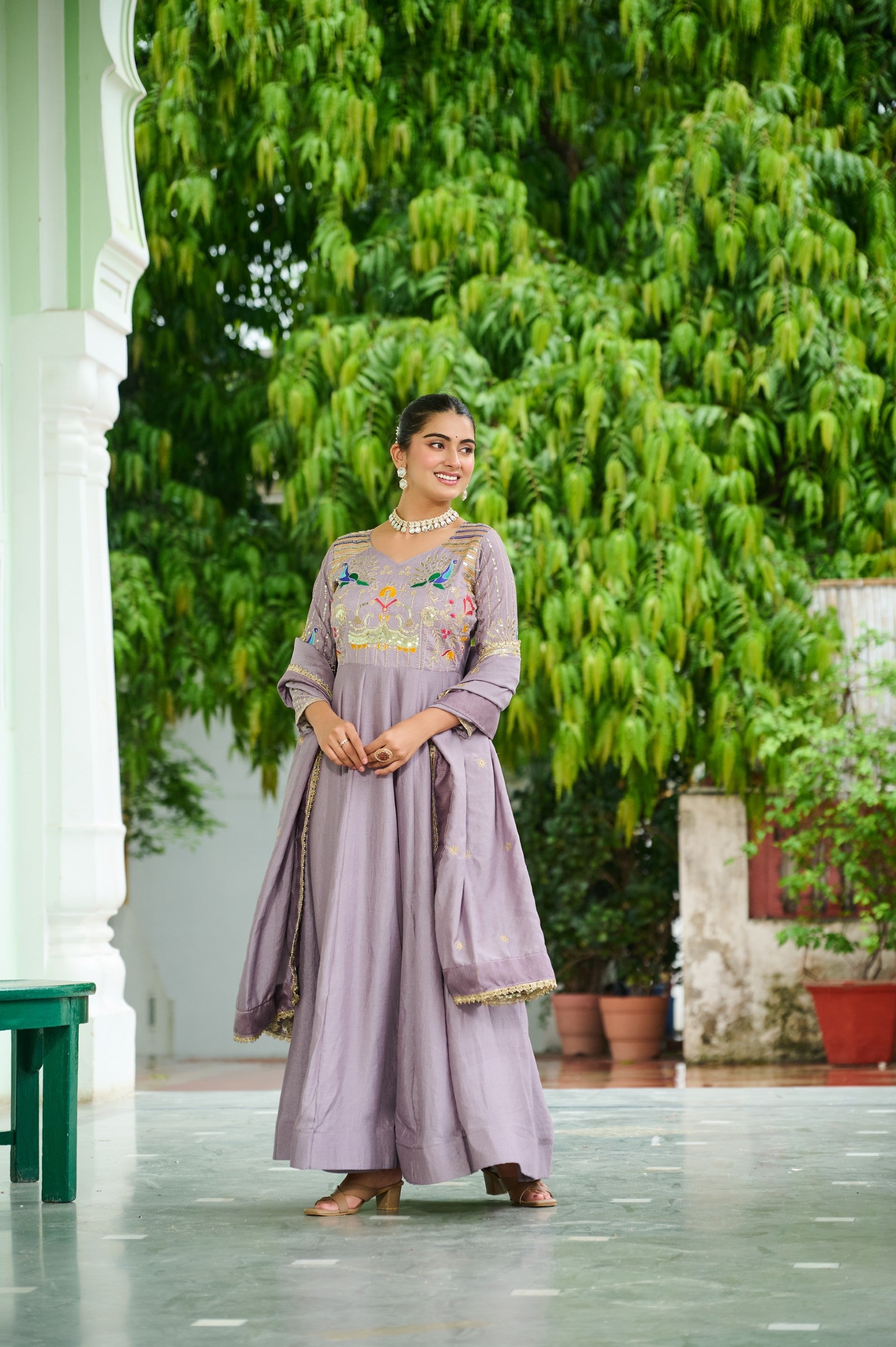 Onionpink Vichitra Silk Anarkali Gown with Sequins and Zari