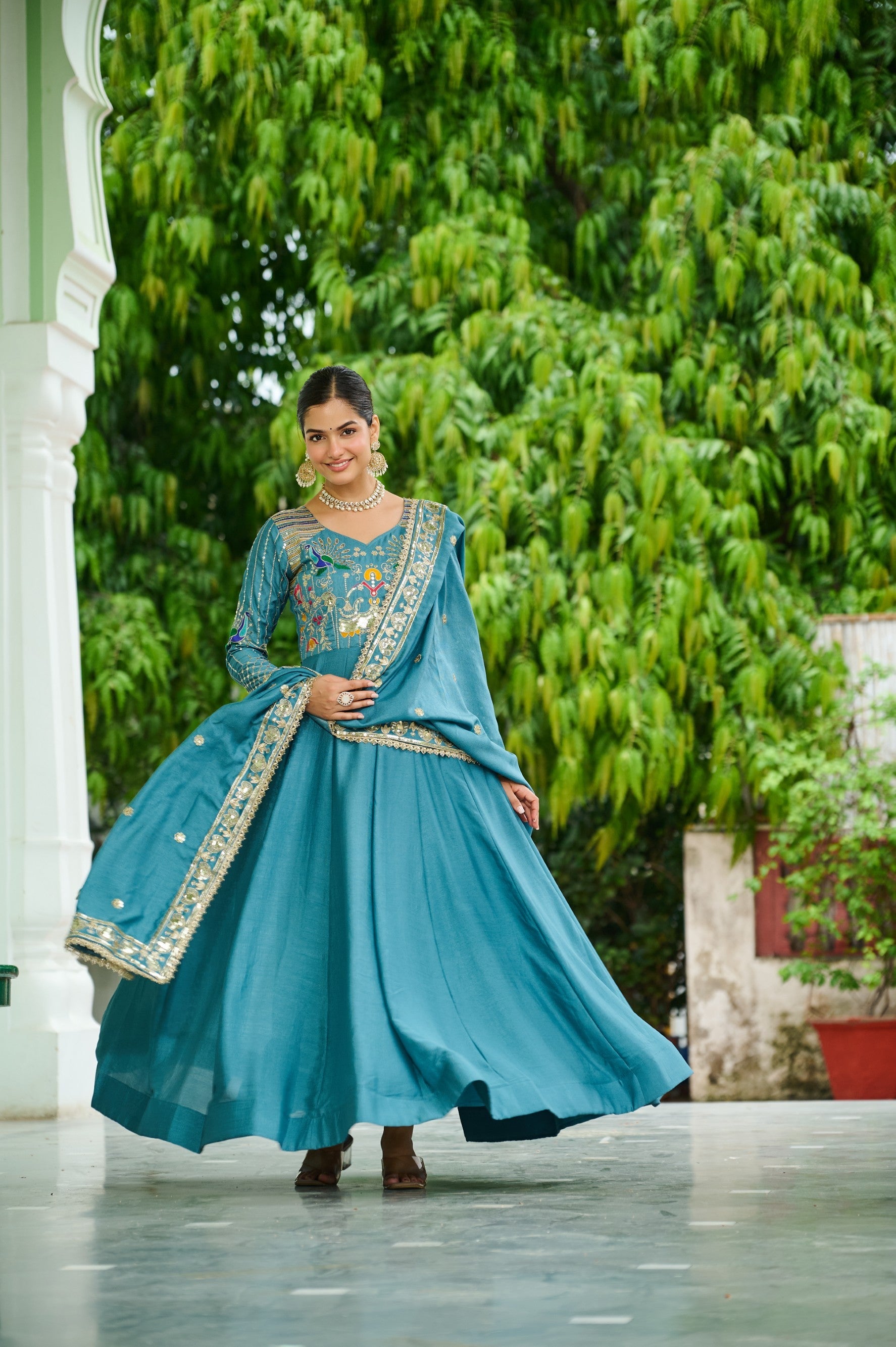 Skyblue Vichitra Silk Anarkali Gown with Zari & Sequins Embroidery