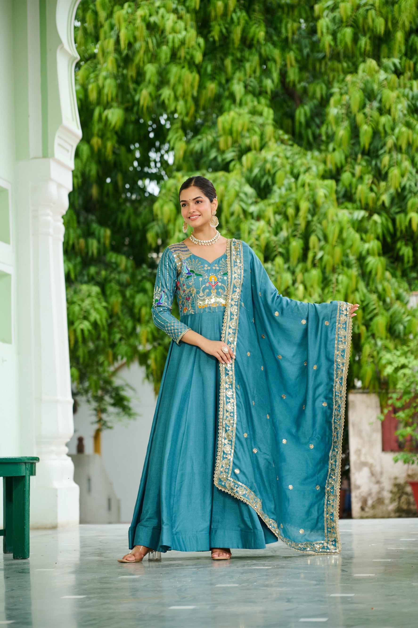 Skyblue Vichitra Silk Anarkali Gown with Zari & Sequins Embroidery