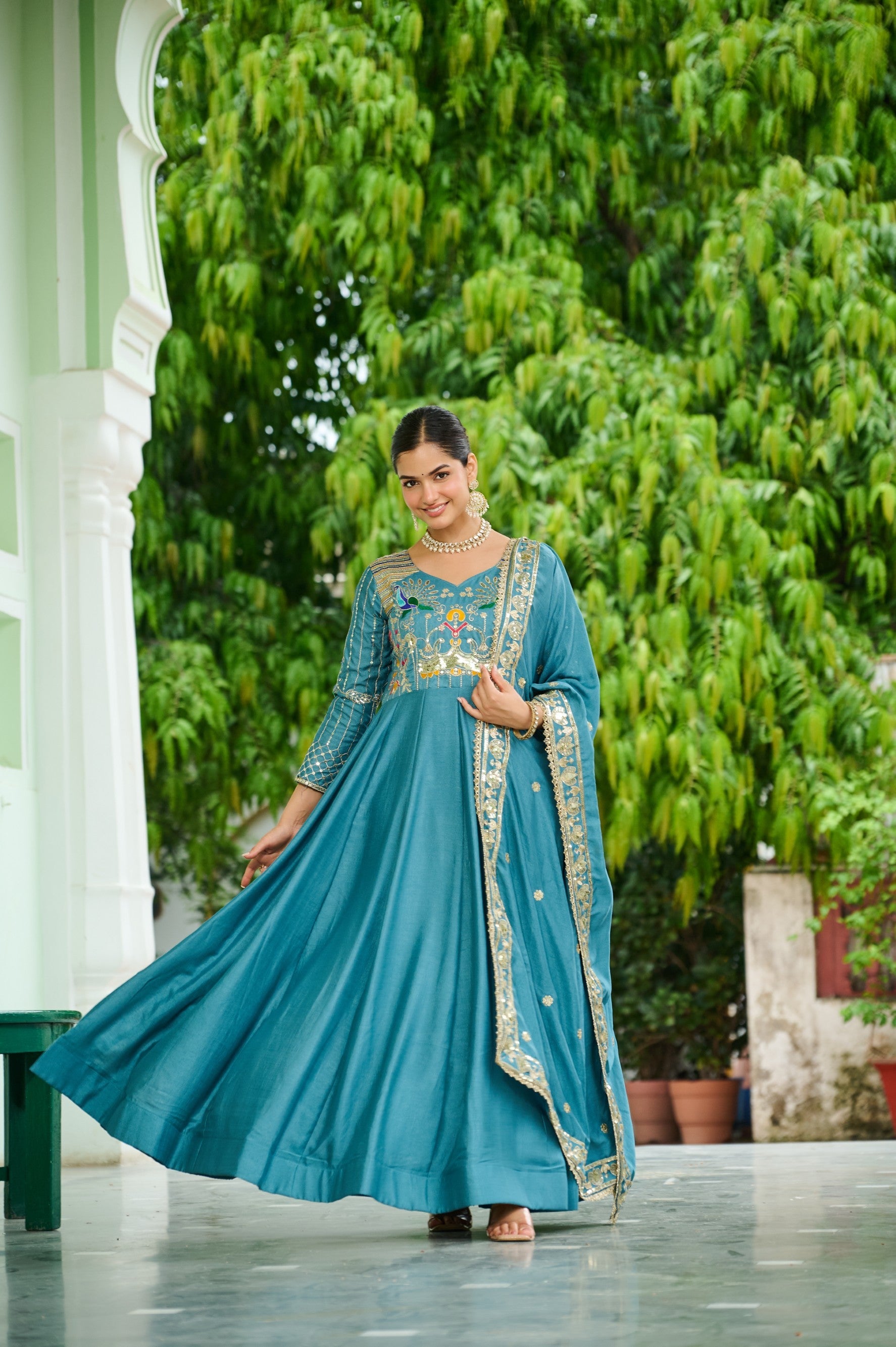 Skyblue Vichitra Silk Anarkali Gown with Zari & Sequins Embroidery