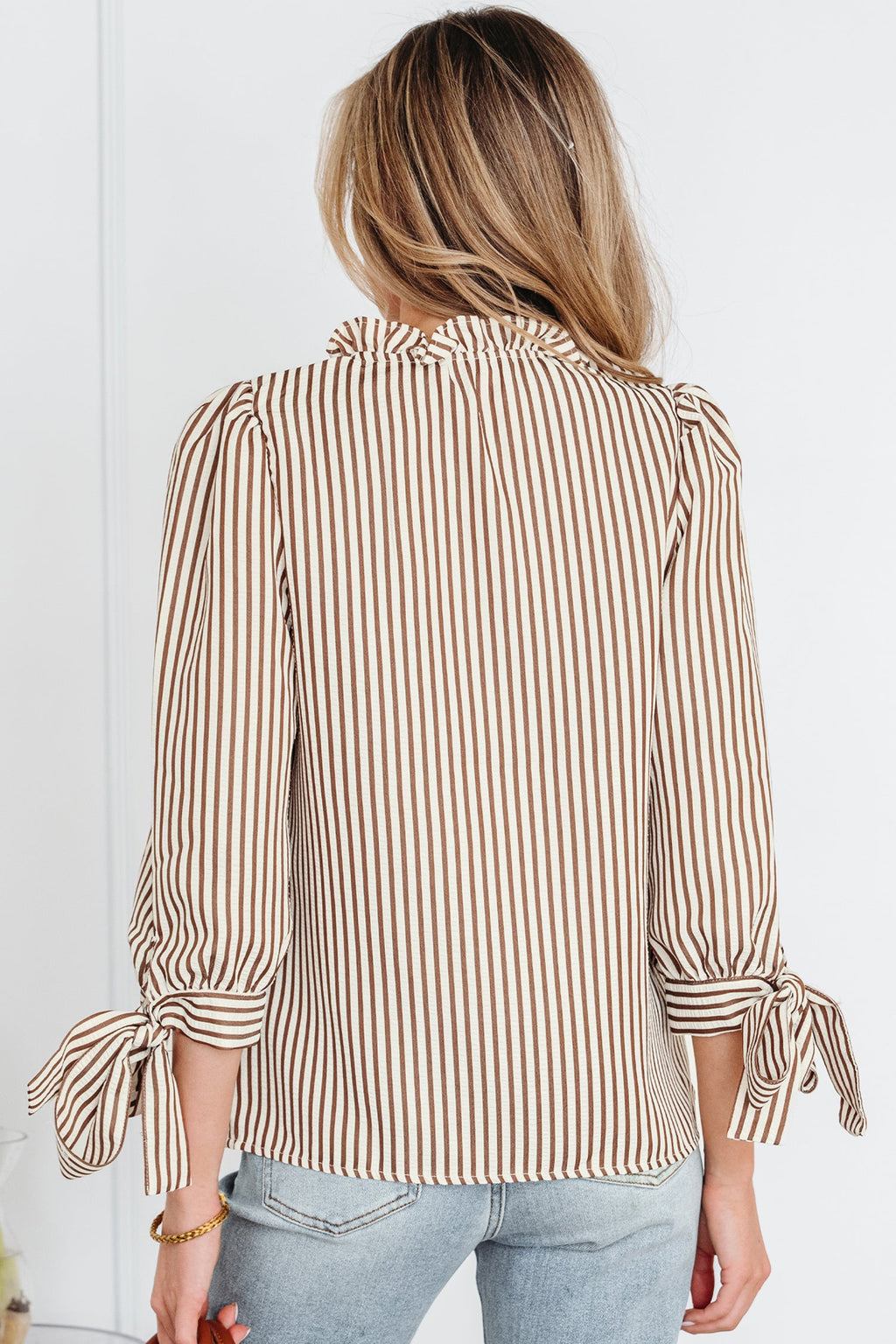 Blair Tied Cuffs Seersucker Blouse in Brown and White Stripe
