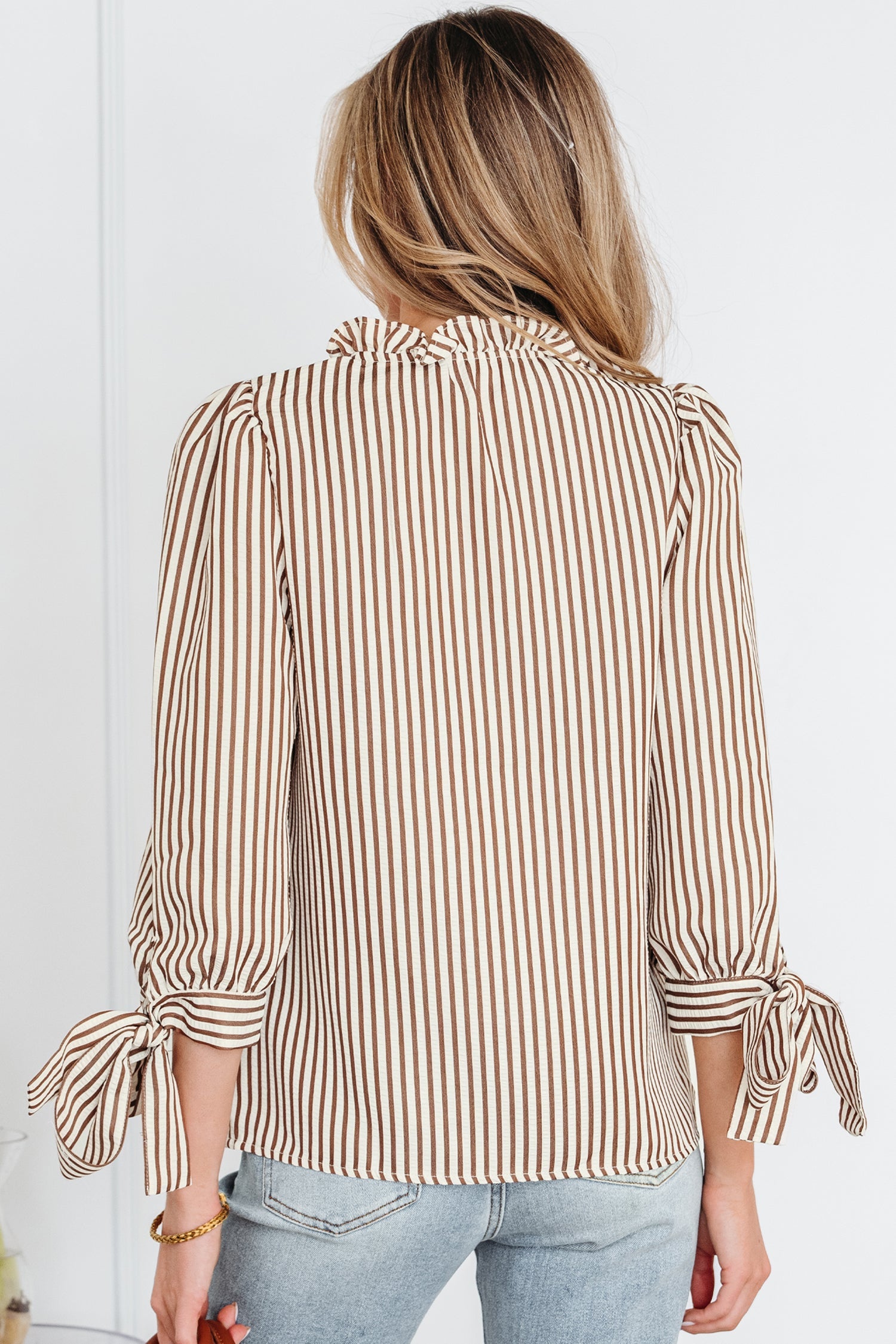 Blair Tied Cuffs Seersucker Blouse in Brown and White Stripe
