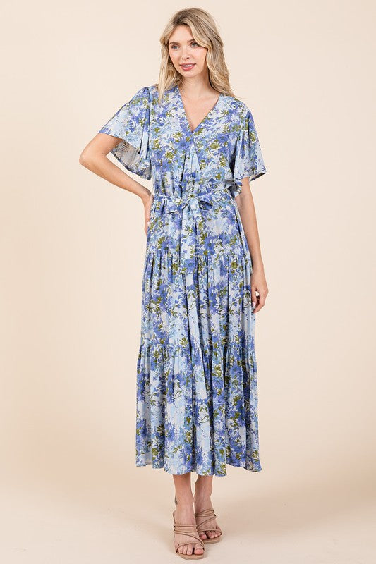 Floral Tie Waist Flutter Sleeve Tiered Dress in Blue and Green