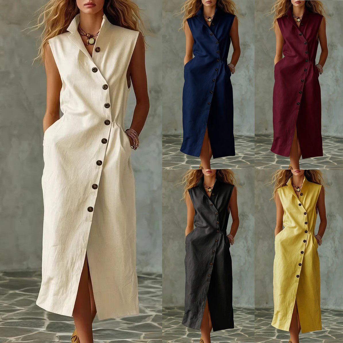 A collection of women's sleeveless midi dresses with stand collars and button-front details shown in beige, navy, burgundy, black, and yellow.