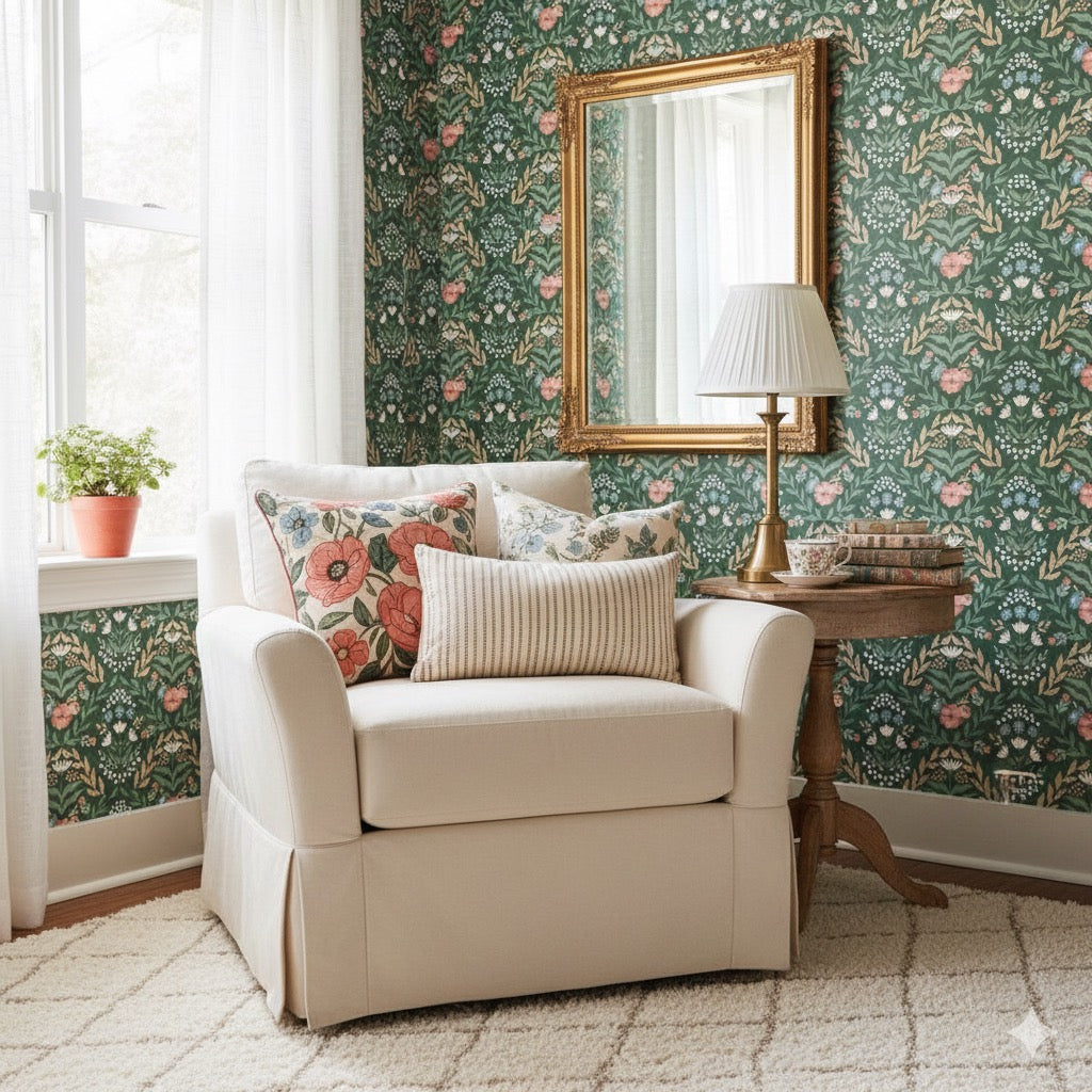 Zuri botanical wallpaper with vibrant green, blue, and pink flowers against a white background.