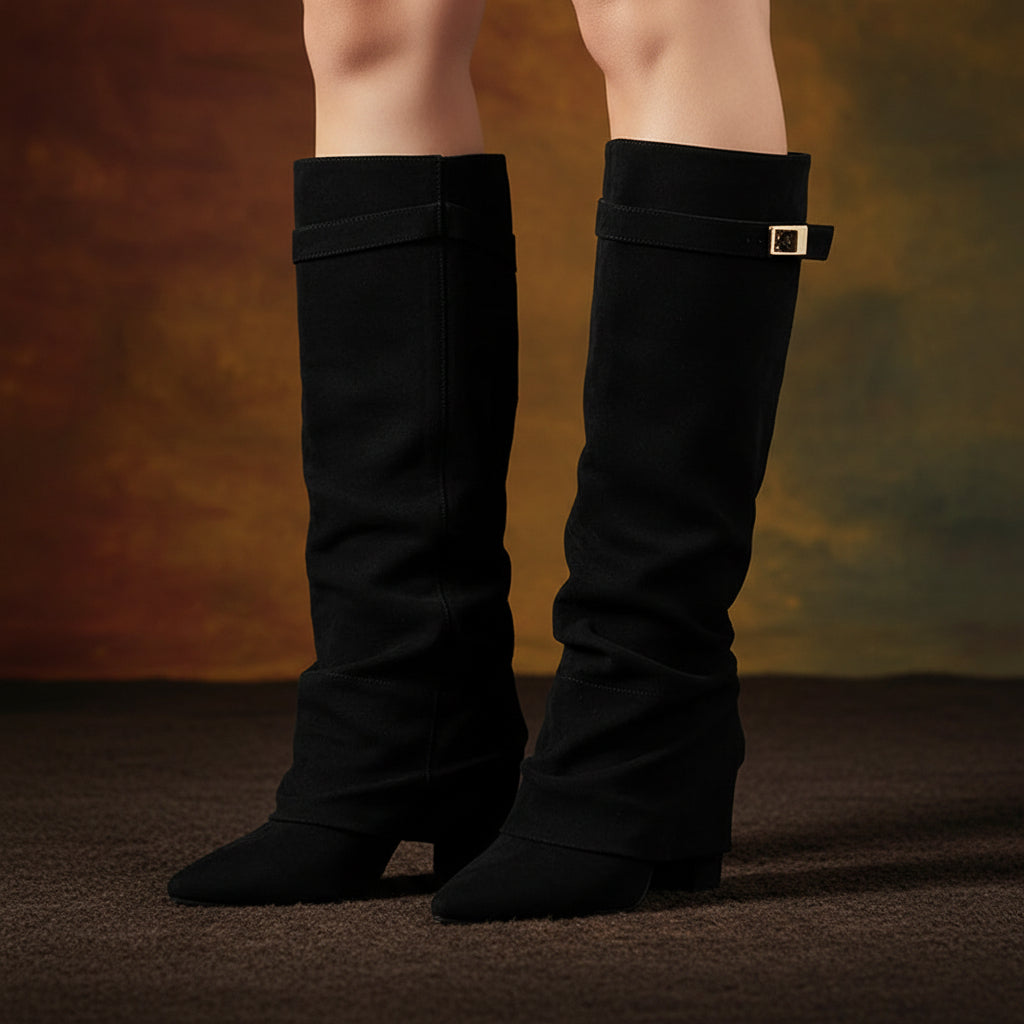 Women's Slouchy Pleated Mid-Calf Boots – Pointed Toe Chunky Heel Faux Suede