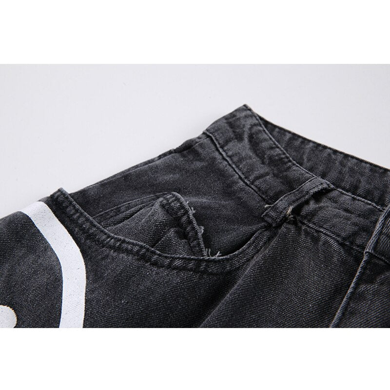 Women's Harajuku Style Wide Leg Denim Jeans with Dripping Smiley Print - Image 4