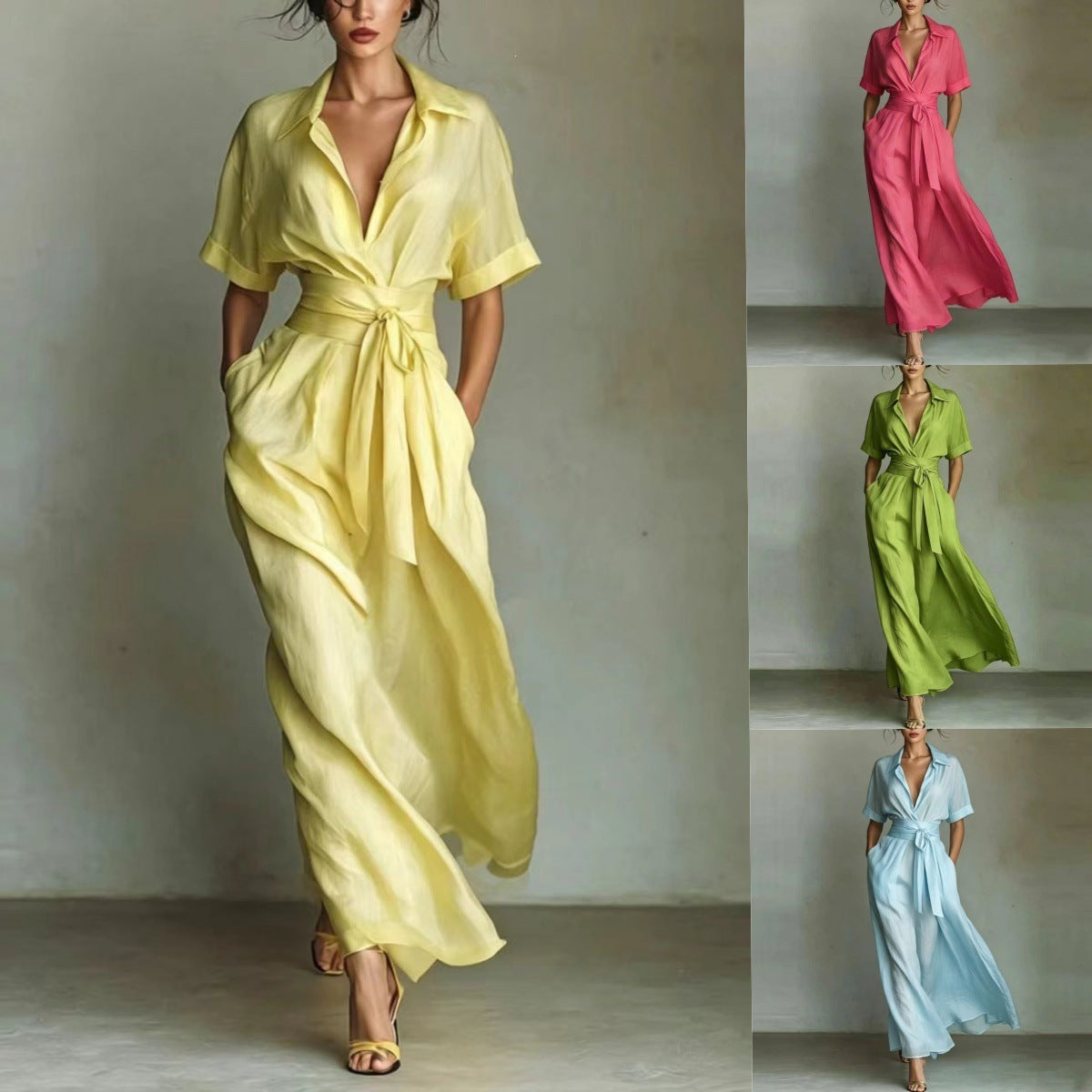 Women's Solid Color Waist-Slimming Maxi Dress with Flip Collar
