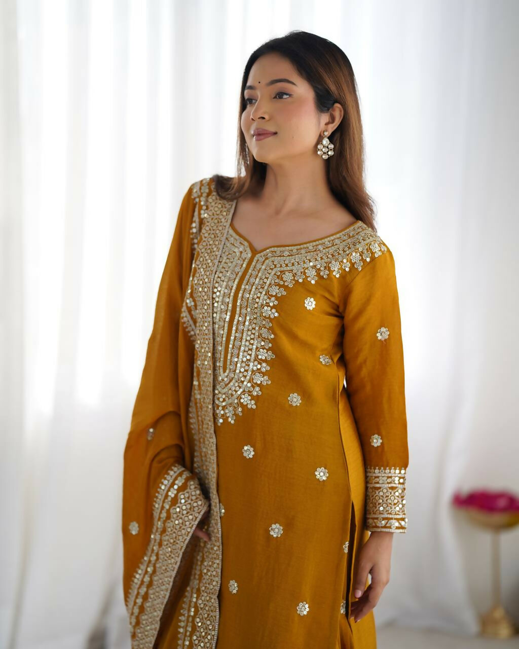 Mustard Silk Kurta Set with Sequins, Zari & Thread Embroidery