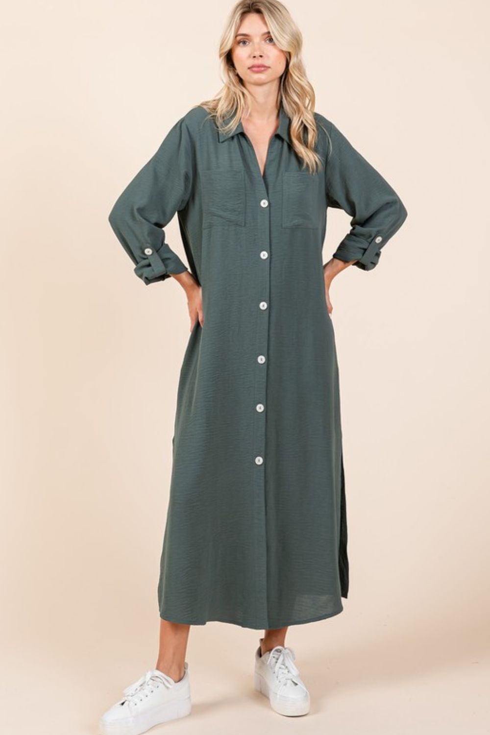 Airflow V-Neck Long Sleeve Button Down Maxi Dress