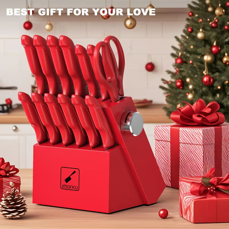 14-Piece Stainless Steel Kitchen Knife Set with Sharpener Block Red
