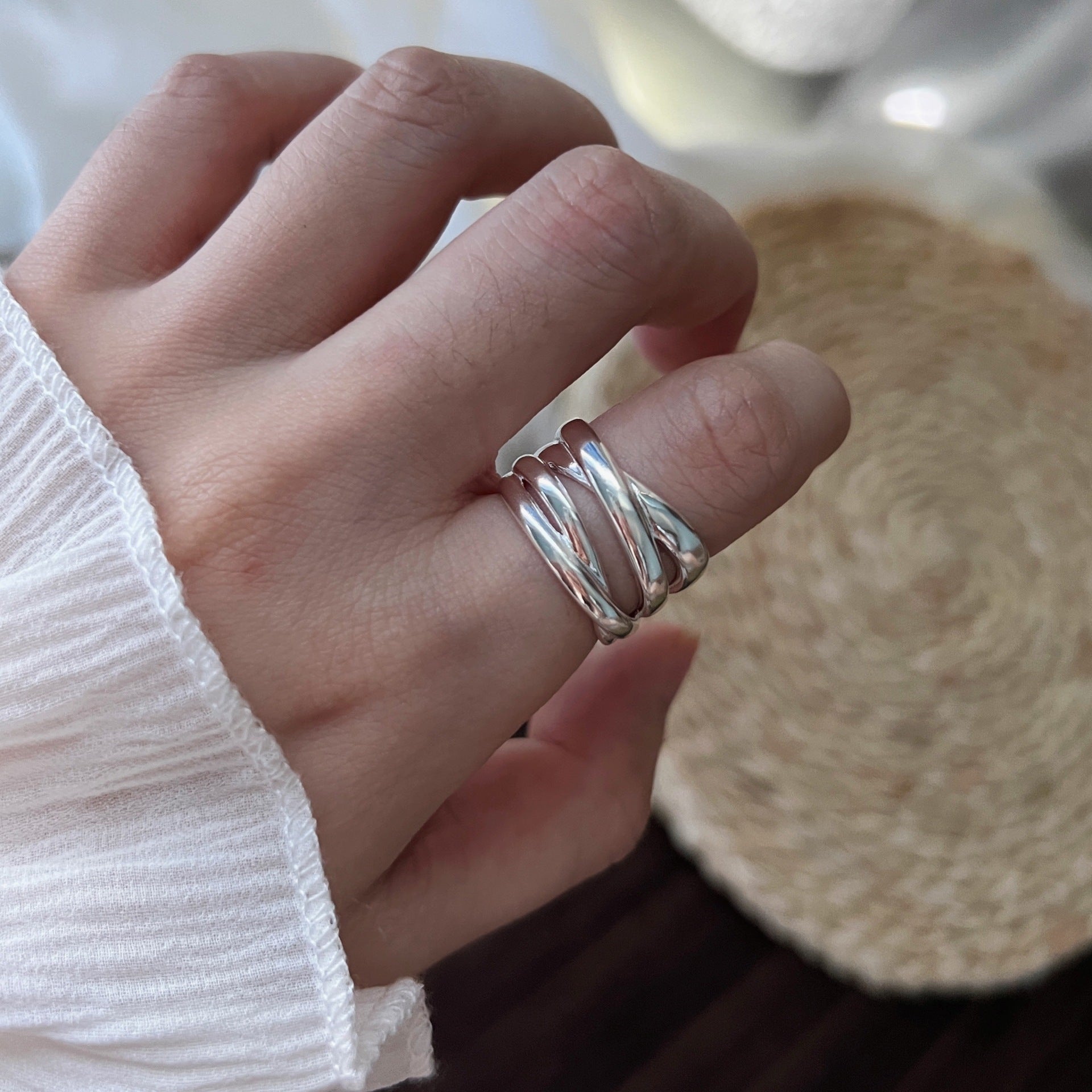 S925 Sterling Silver Heavy Craft Irregular Cross Line Ring, Multi-Layer Niche Silver Jewelry For Women, INS Style Band
