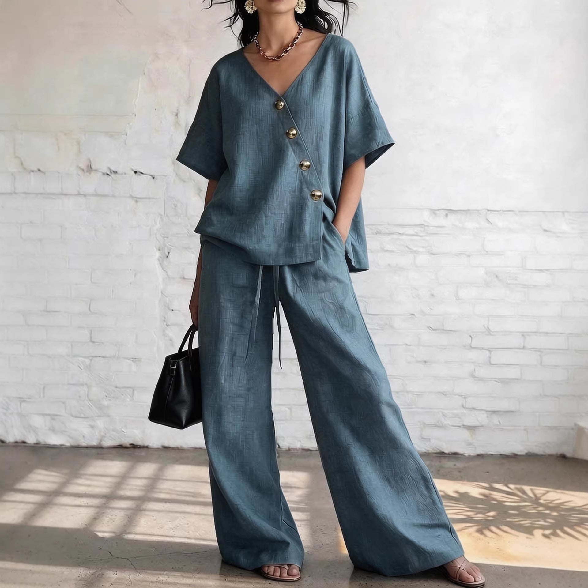 Women's V-Neck Cotton-Linen Top and Wide-Leg Pants Set - Image 4