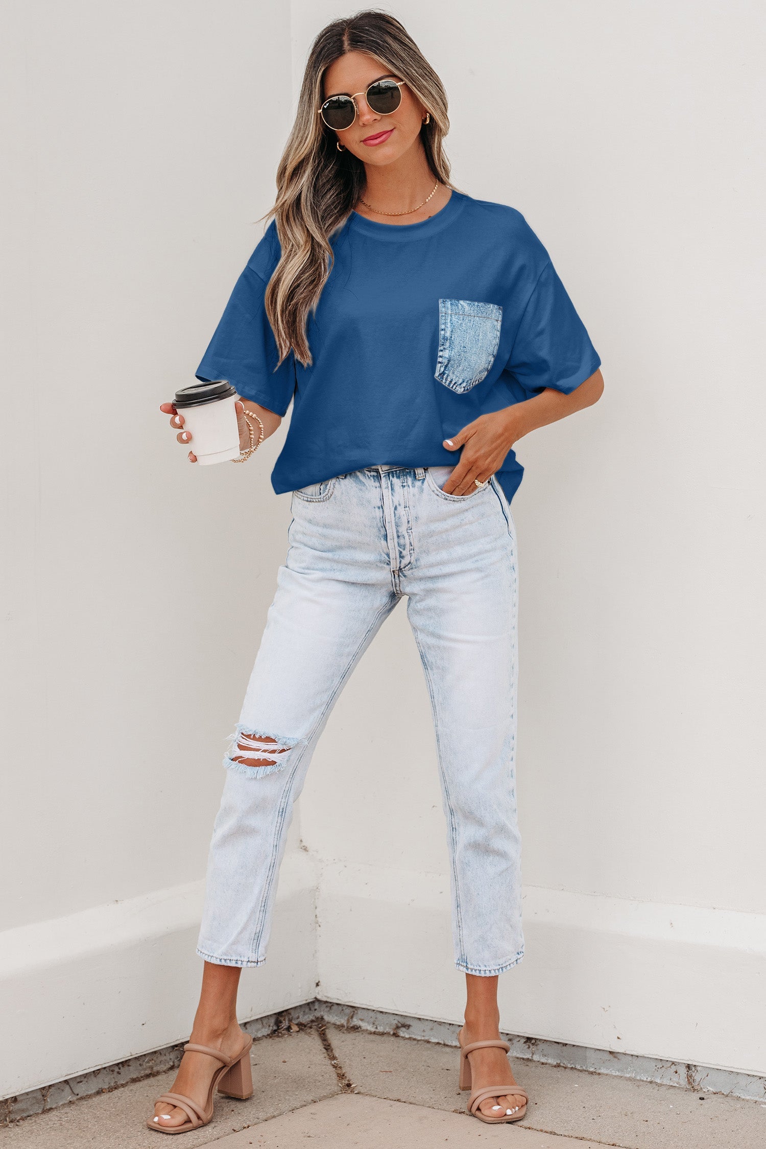 Colorblock Chest Pocket Patch Short Sleeve Top