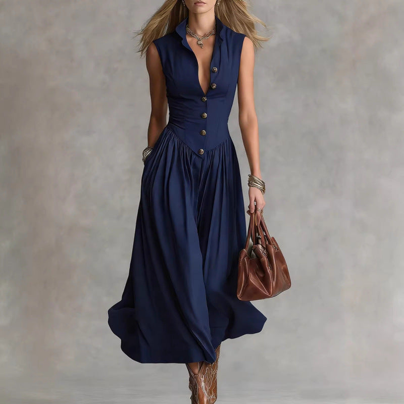 Women's Sleeveless Button-Down Maxi Dress with Lapel Collar - Image 5