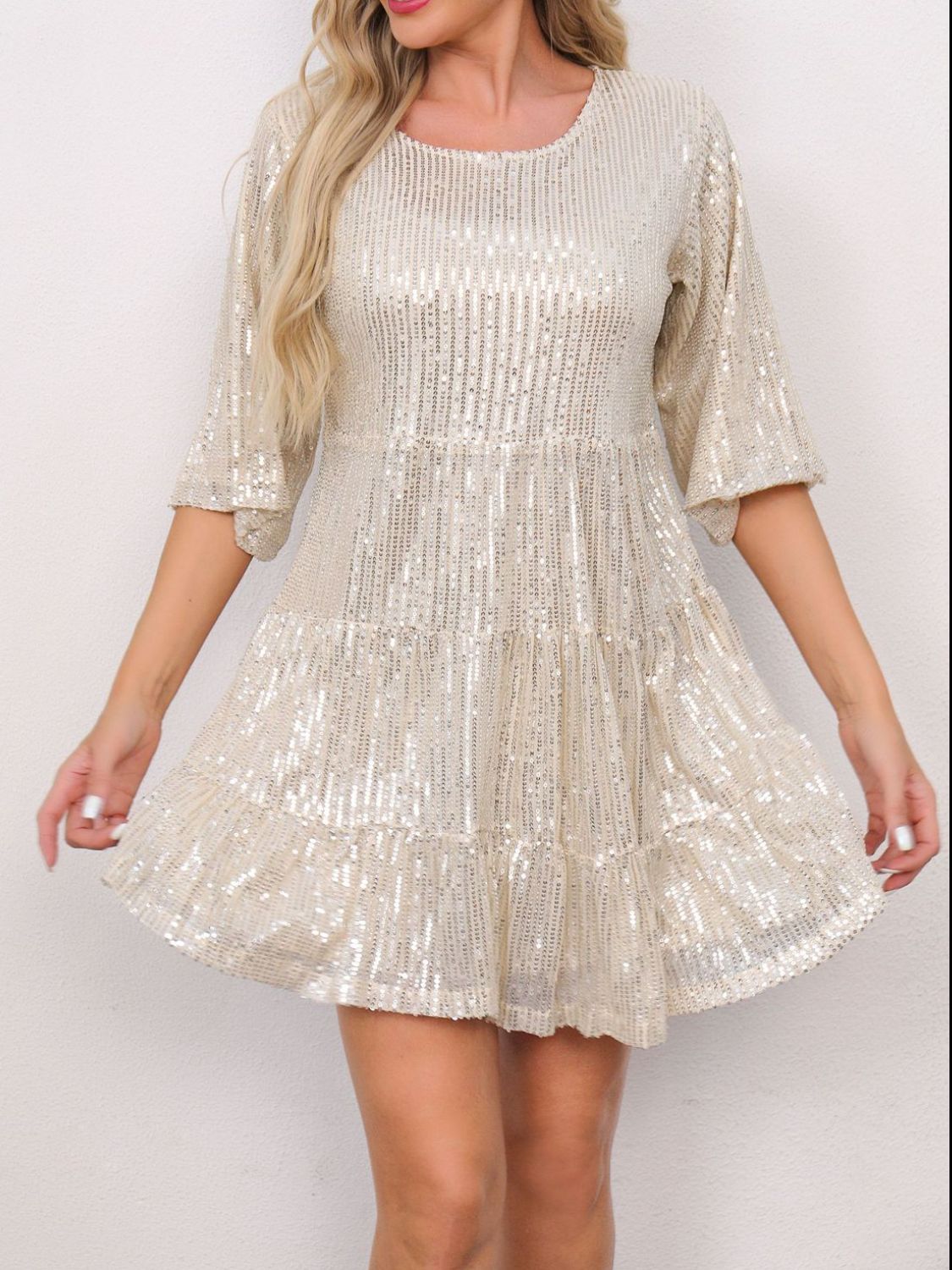 Sequin Round Neck Half Sleeve Mini Dress | Shimmer