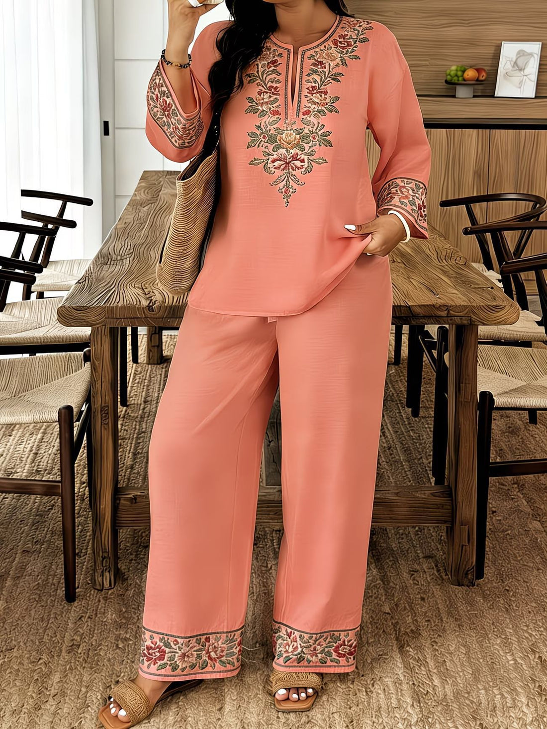 Women's Ethnic Floral Embroidered Long Sleeve Two Piece Set - Image 11