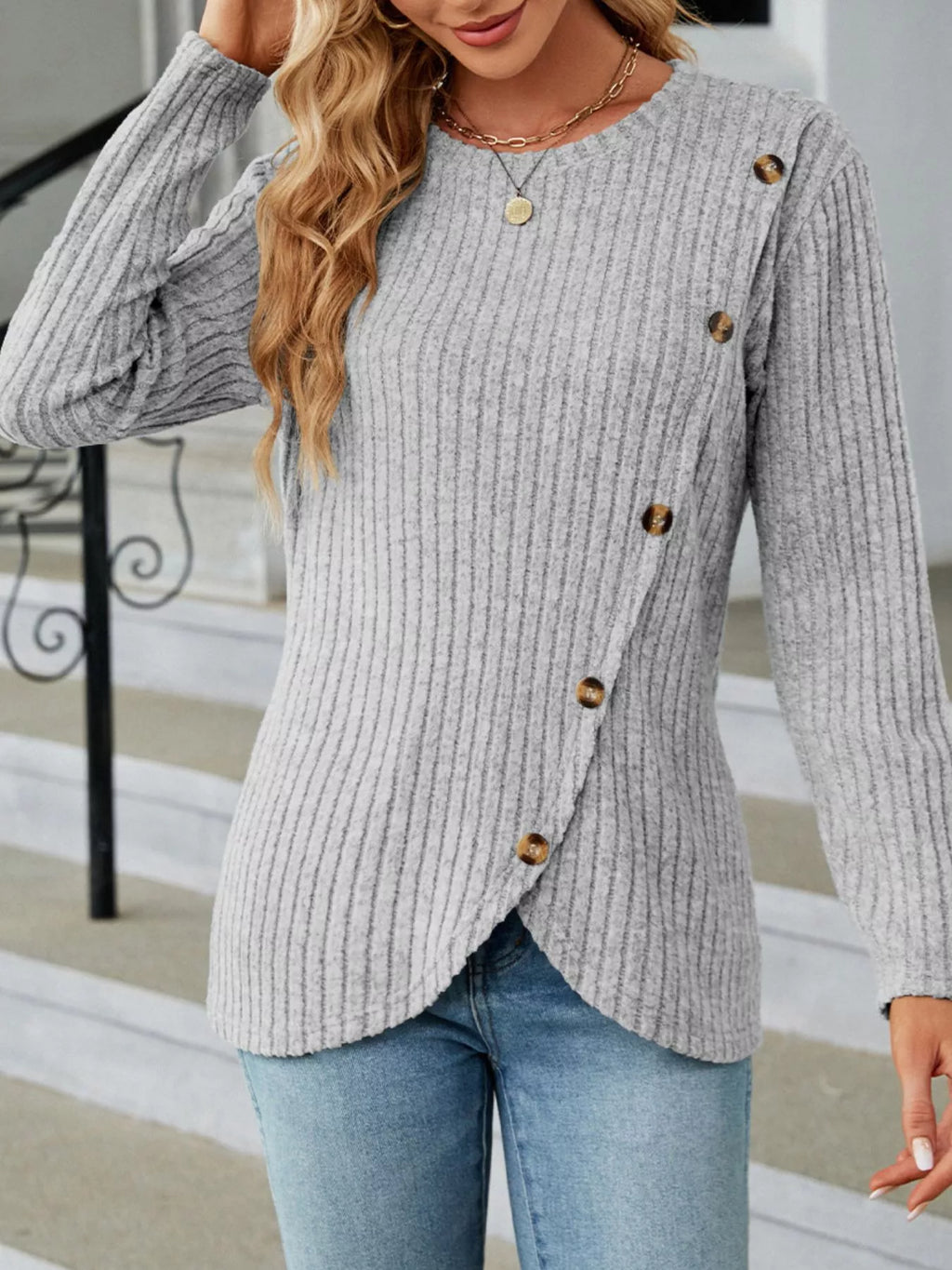 Blue Ribbed Knit Long Sleeve Top with Decorative Button Detail - Image 6