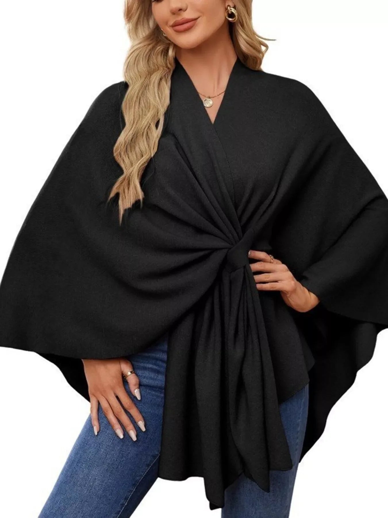 Solid Color Tie-Front Knit Cape Top