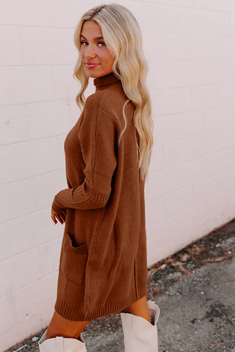 Women's Ribbed Mock Neck Sweater Dress in Brown and Red