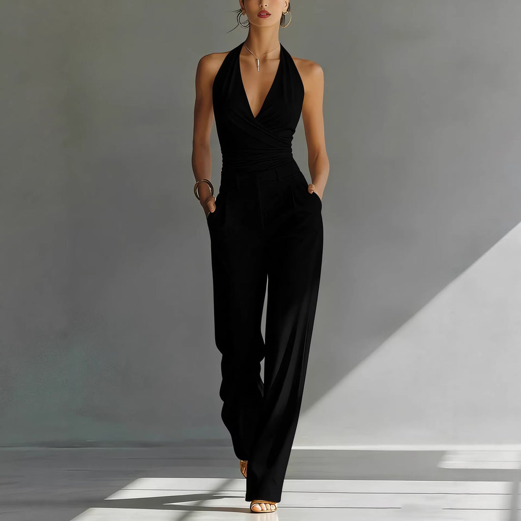 Women’s Backless Deep V-Neck Jumpsuit with High-Waisted Trousers - Image 3