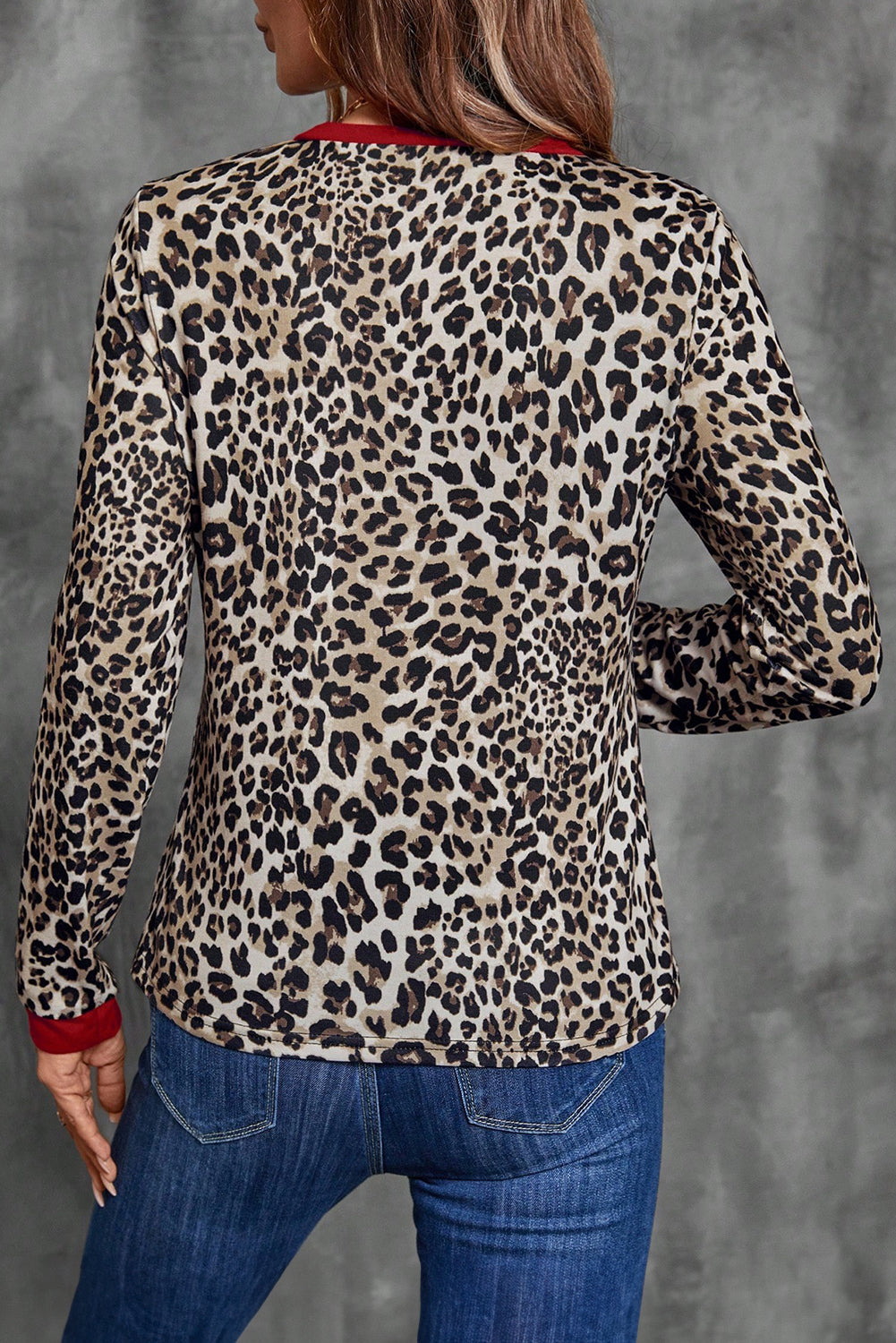 Brown Leopard Print Contrast Trim Round Neck Long Sleeve Top