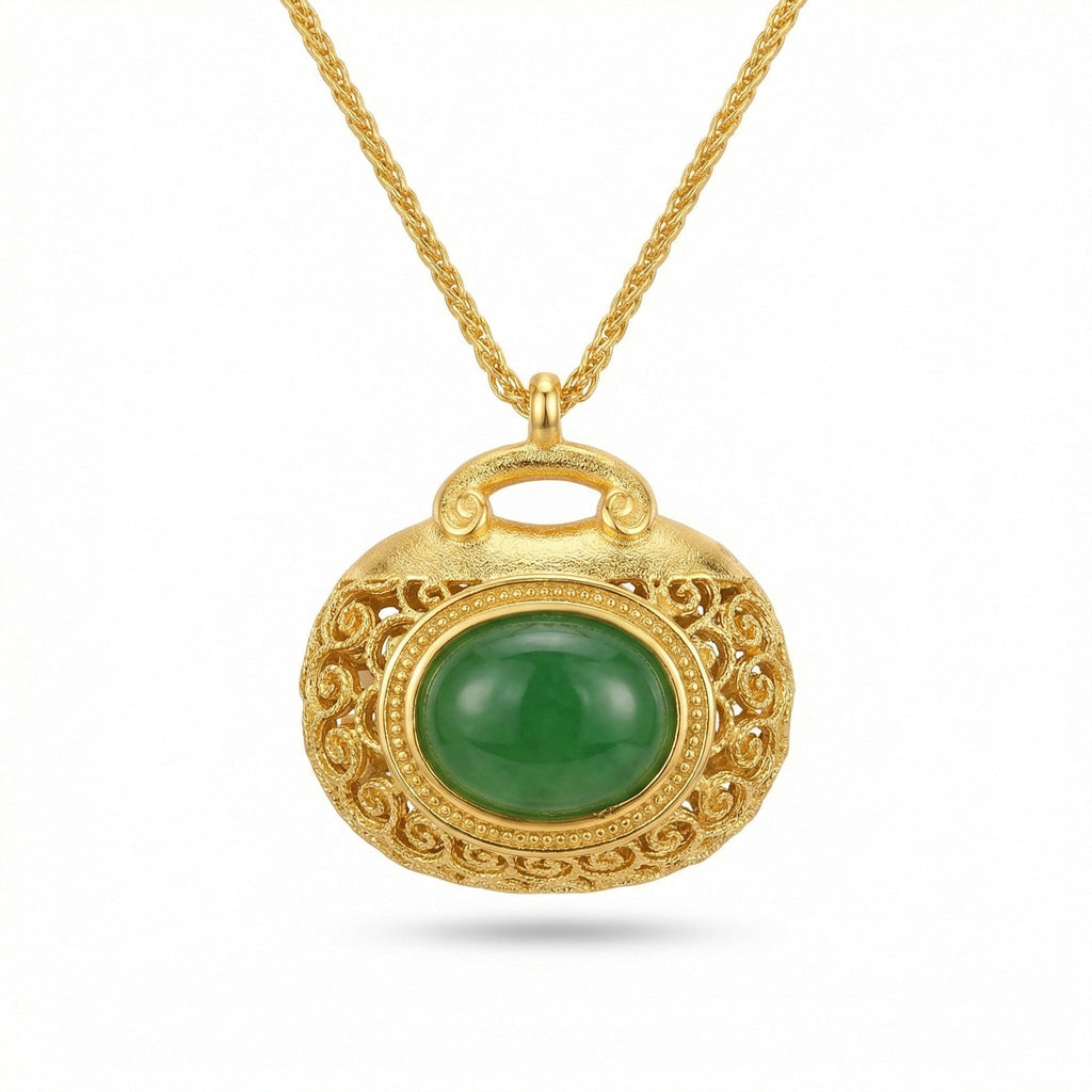 925 Sterling Silver Elegant Filigree Green Jadeite Pendant Necklace with Intricate Textured Metallic Detail