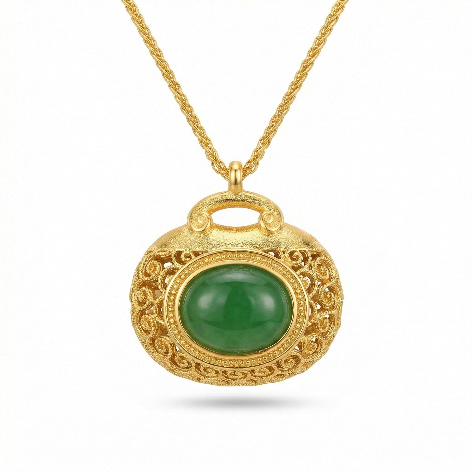 925 Sterling Silver Elegant Filigree Green Jadeite Pendant Necklace with Intricate Textured Metallic Detail