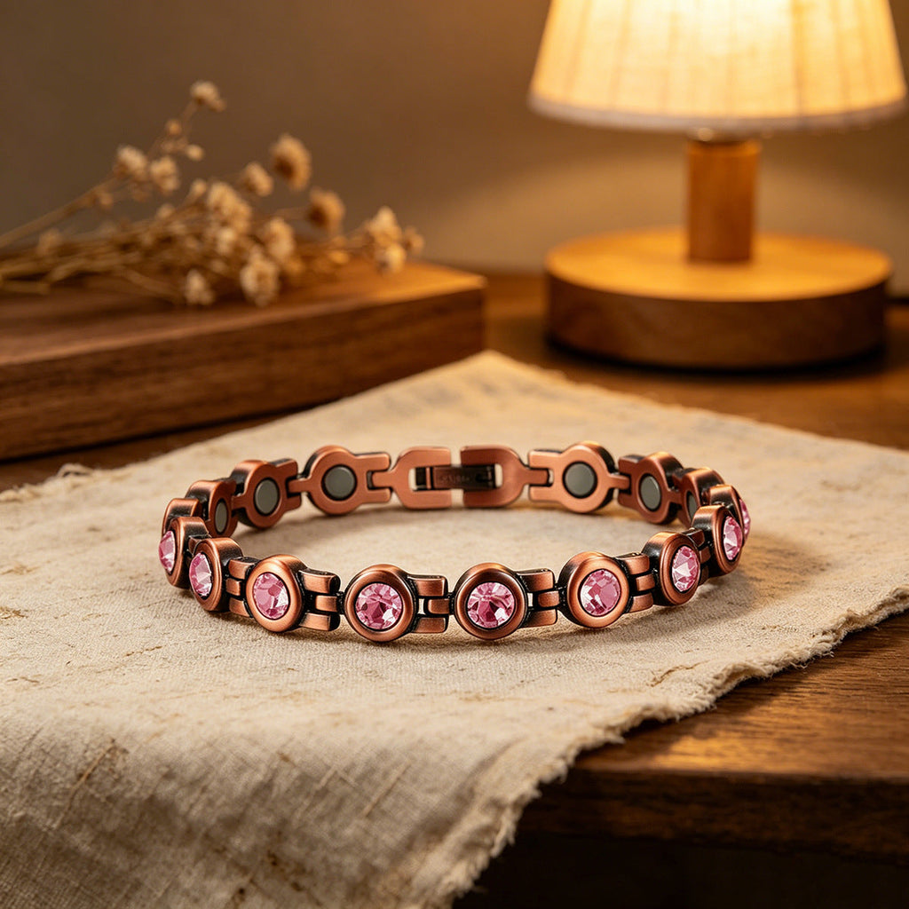 Retro Red Copper Magnetic Therapy Bracelet With Crystals Unisex