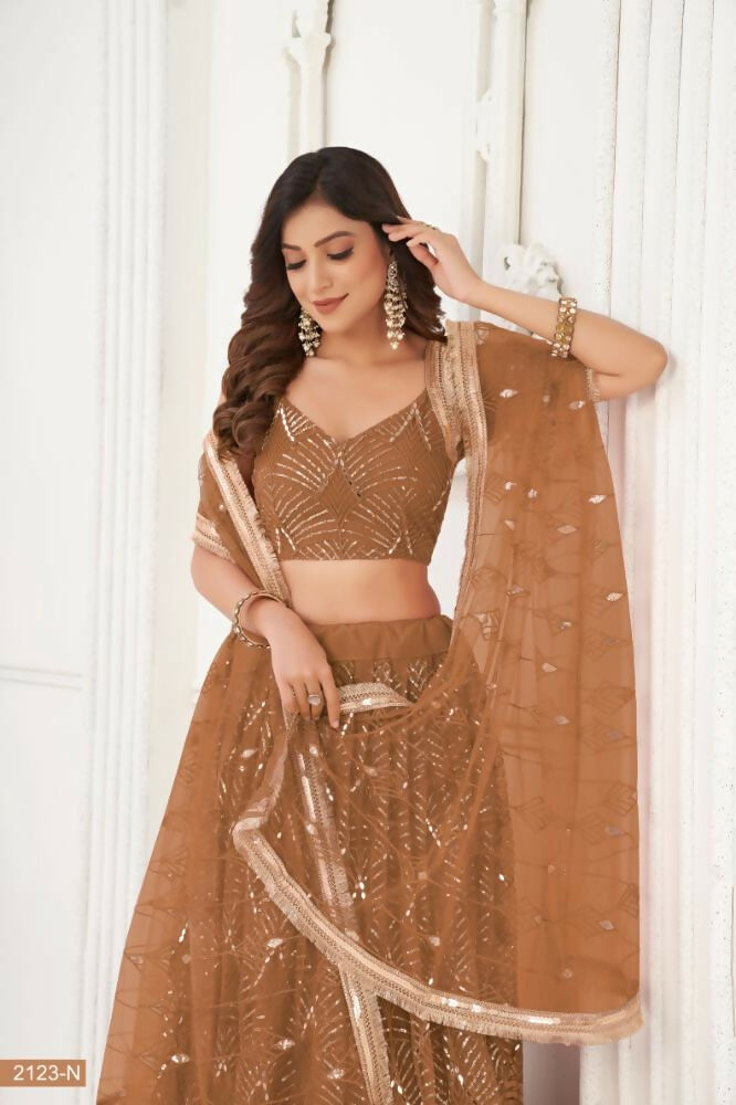Brown Butterfly Net Lehenga with Original Mirror & Sequence Work