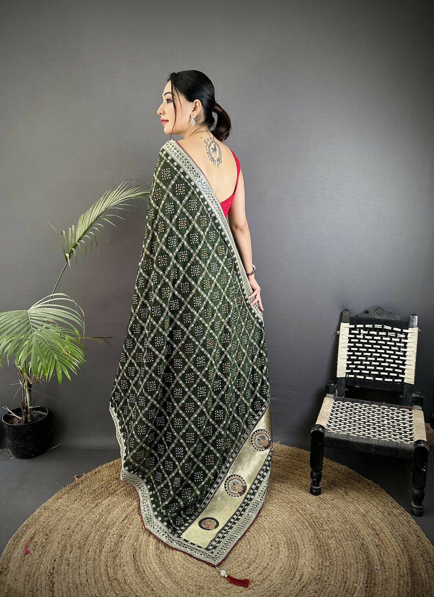 Dark Green Bandhani Vichitra Silk Saree with Traditional Prints