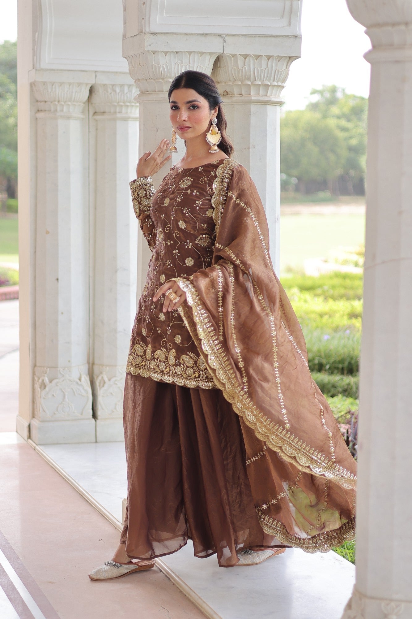 Purple Fendy Satin Sequins Embroidered Kurta Pant Set with Dupatta