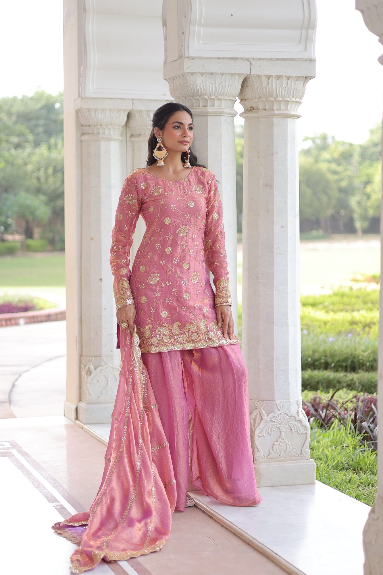Pink Fendy Satin Kurta Pant Set with Rich Sequins Embroidery