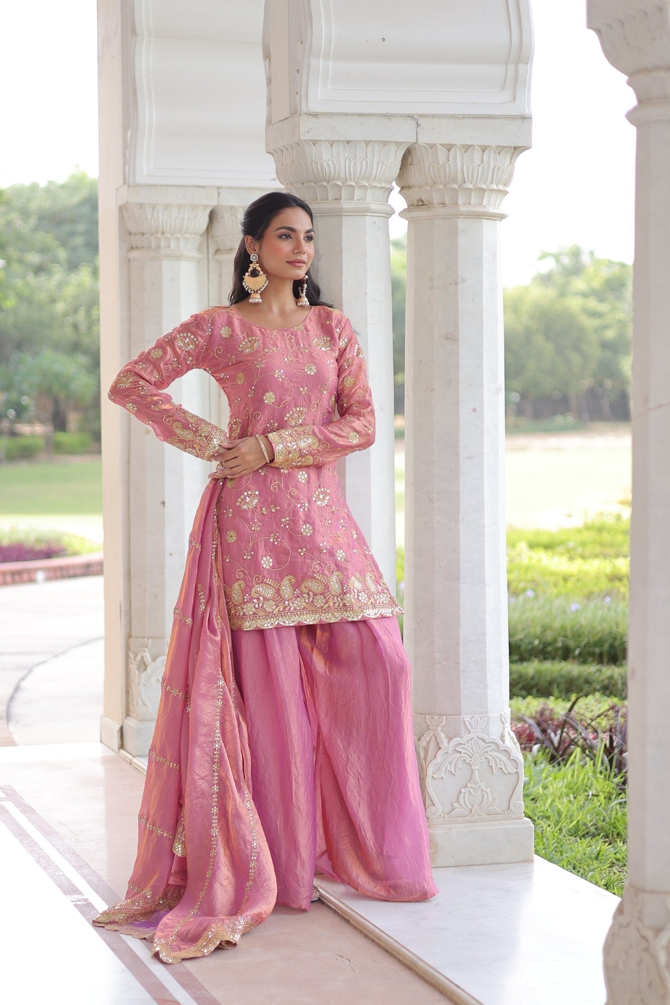 Pink Fendy Satin Kurta Pant Set with Rich Sequins Embroidery