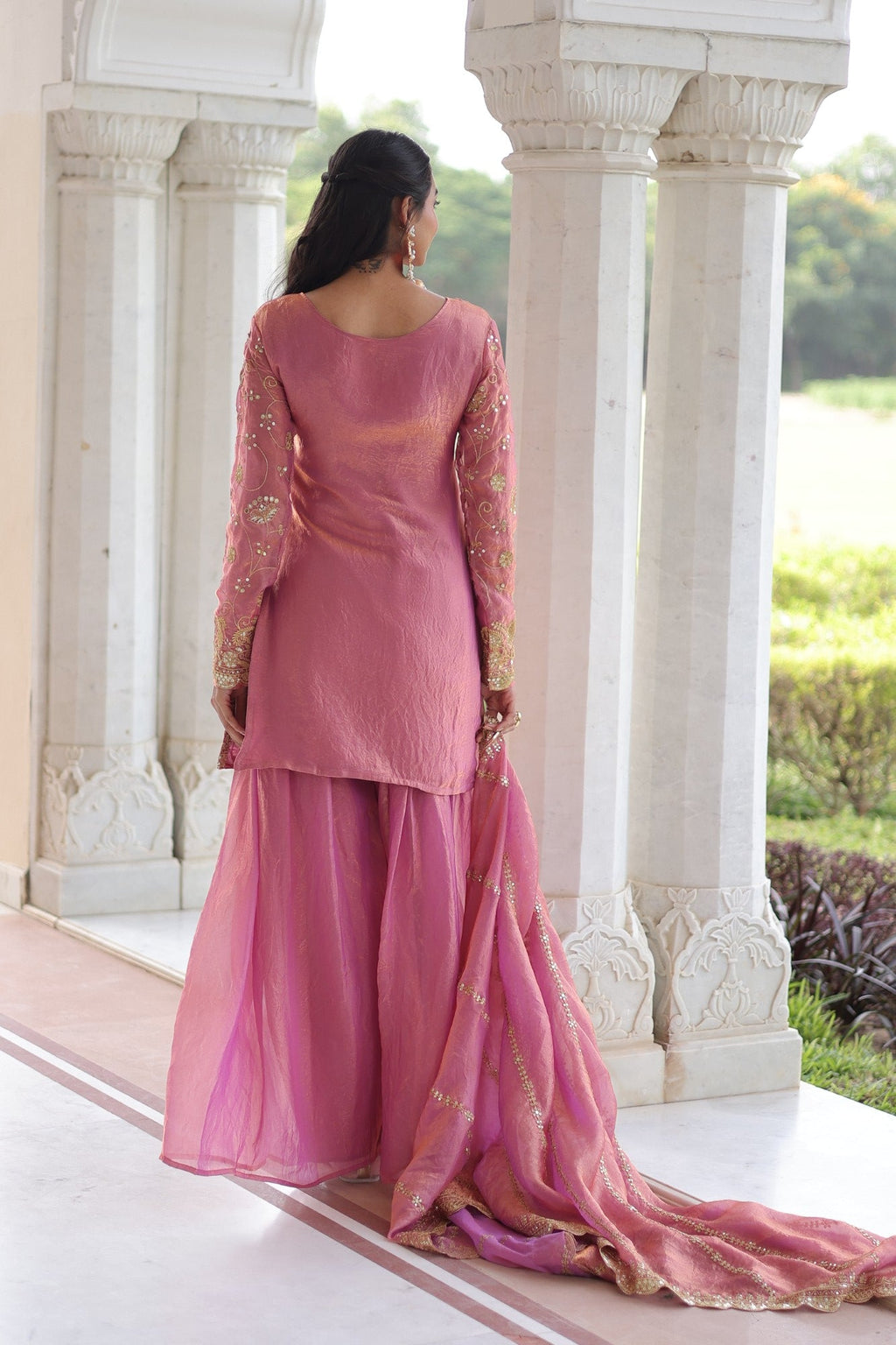 Pink Fendy Satin Kurta Pant Set with Rich Sequins Embroidery