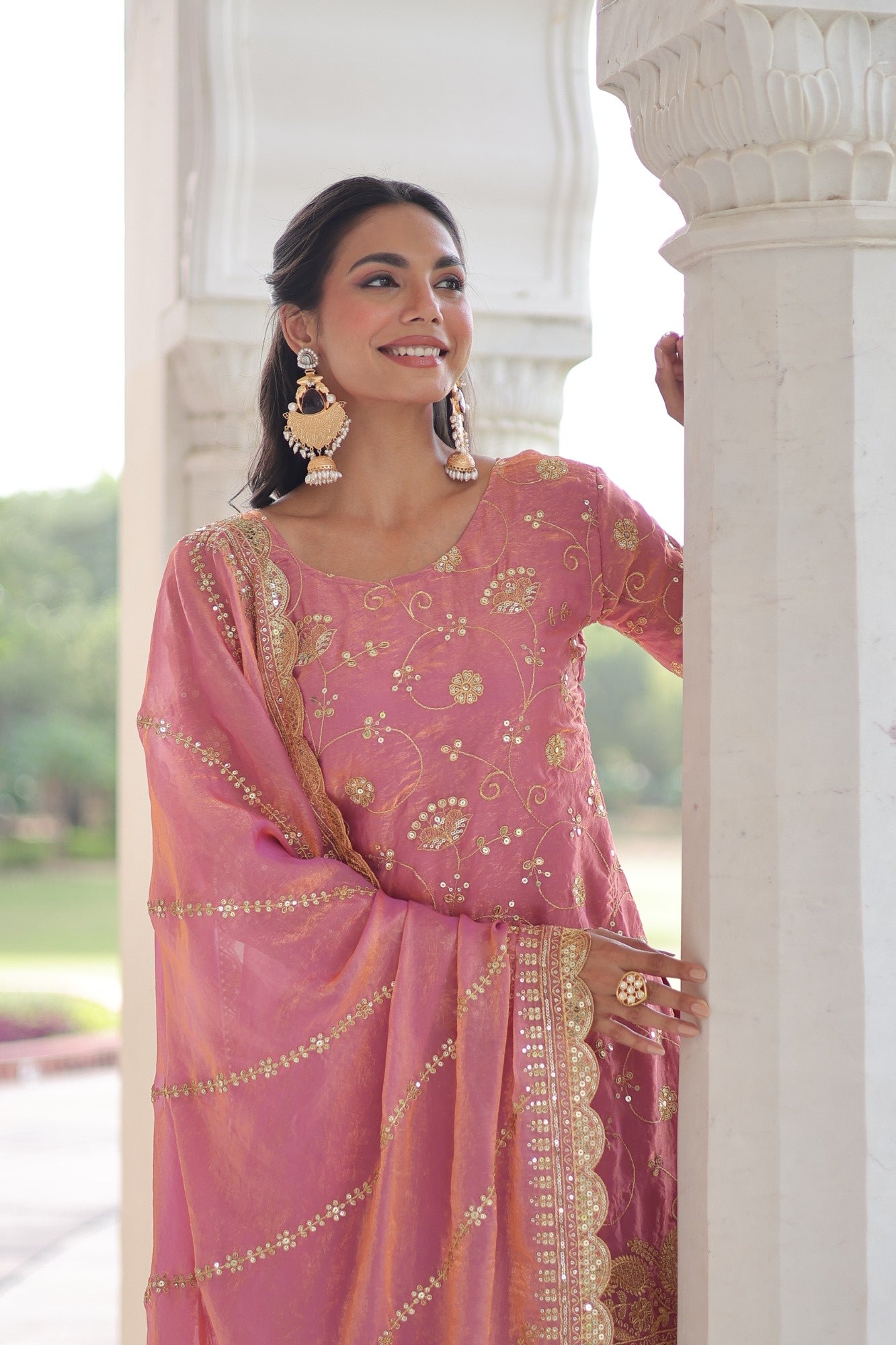Pink Fendy Satin Kurta Pant Set with Rich Sequins Embroidery