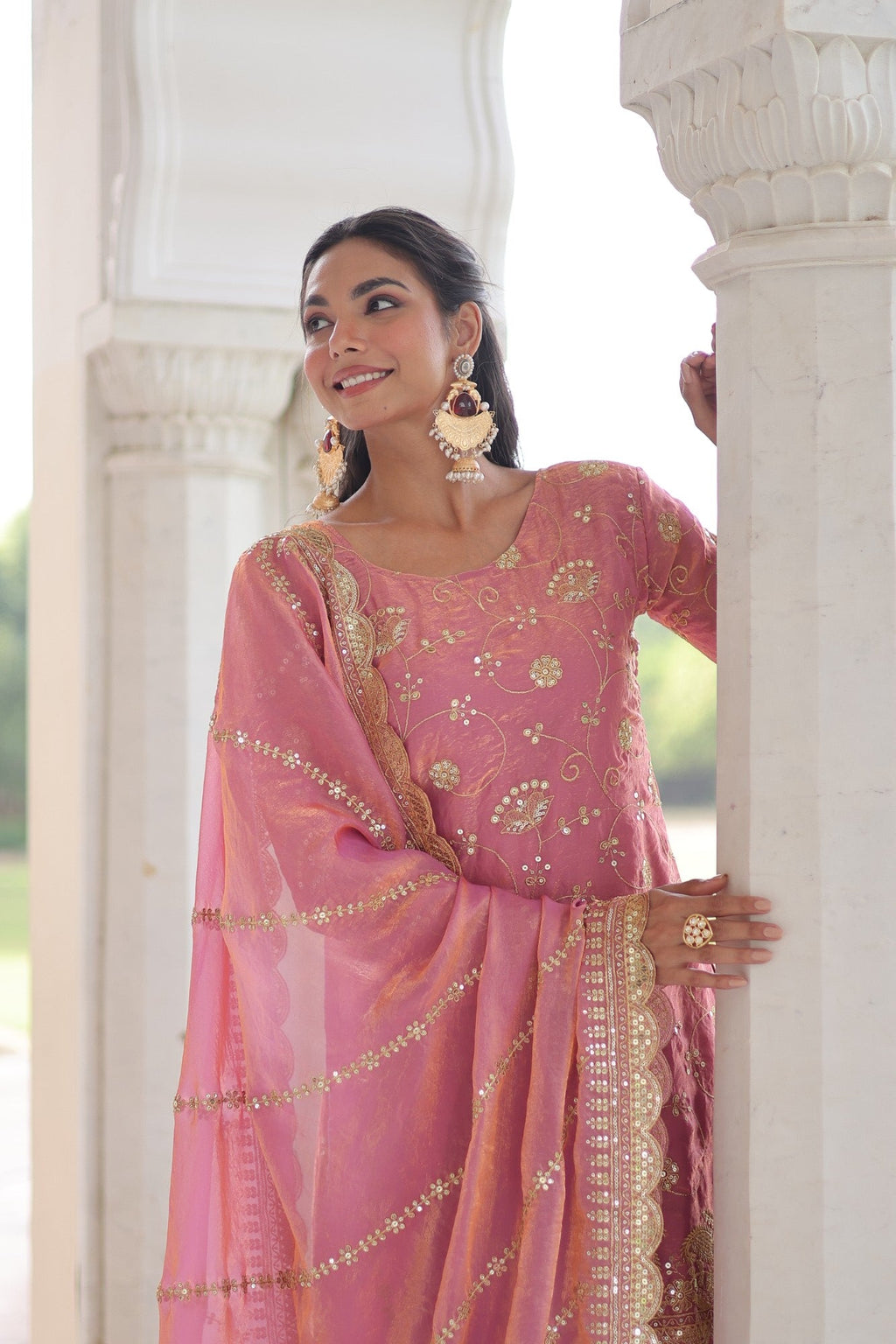 Pink Fendy Satin Kurta Pant Set with Rich Sequins Embroidery