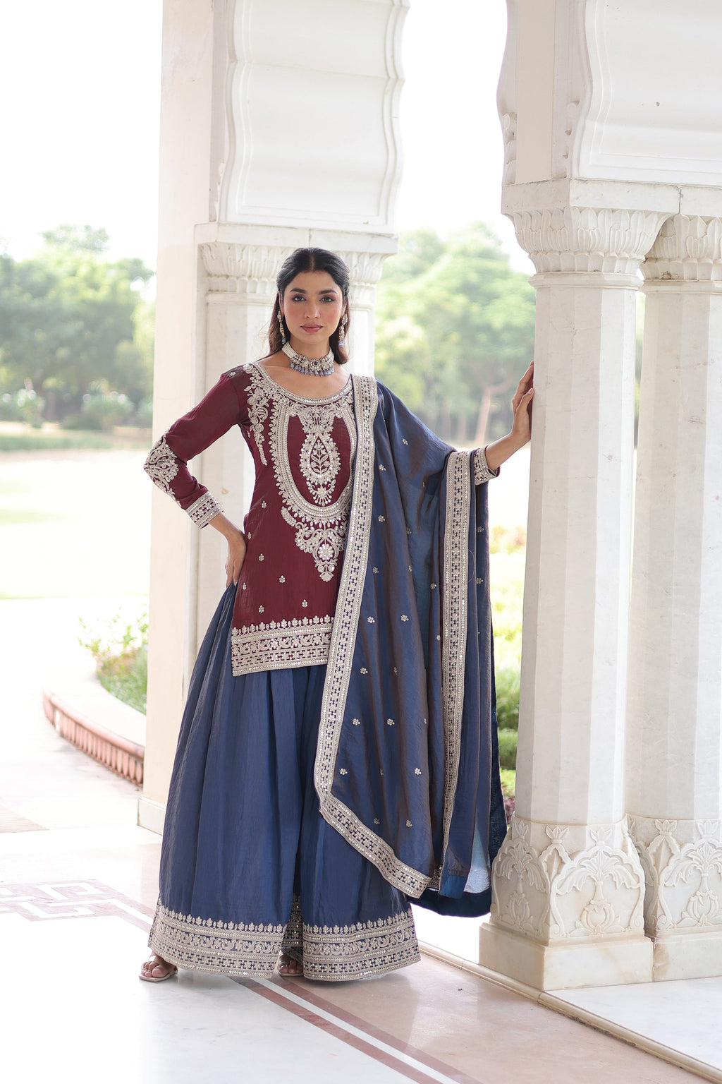 Maroon NC silk kurta sharara set with sequins and coding embroidery