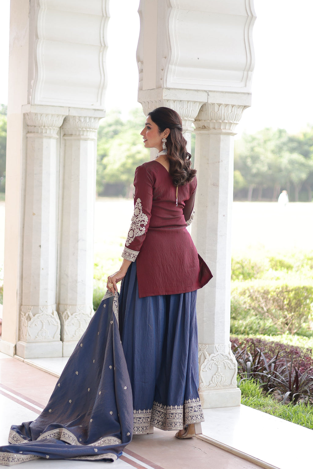 Maroon NC Silk Kurta Sharara Set with Sequins and Coding Work