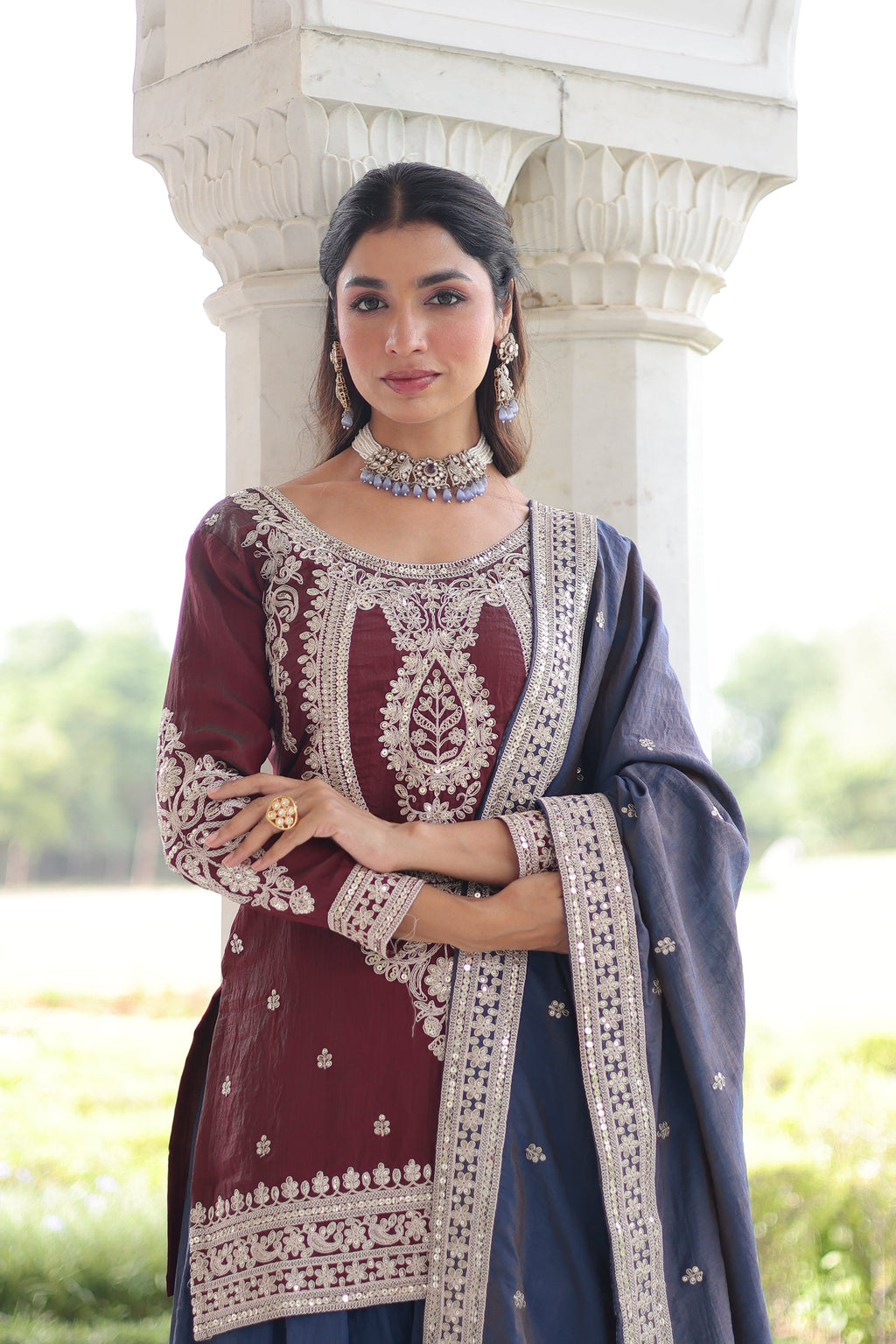 Maroon NC Silk Kurta Sharara Set with Sequins and Coding Work