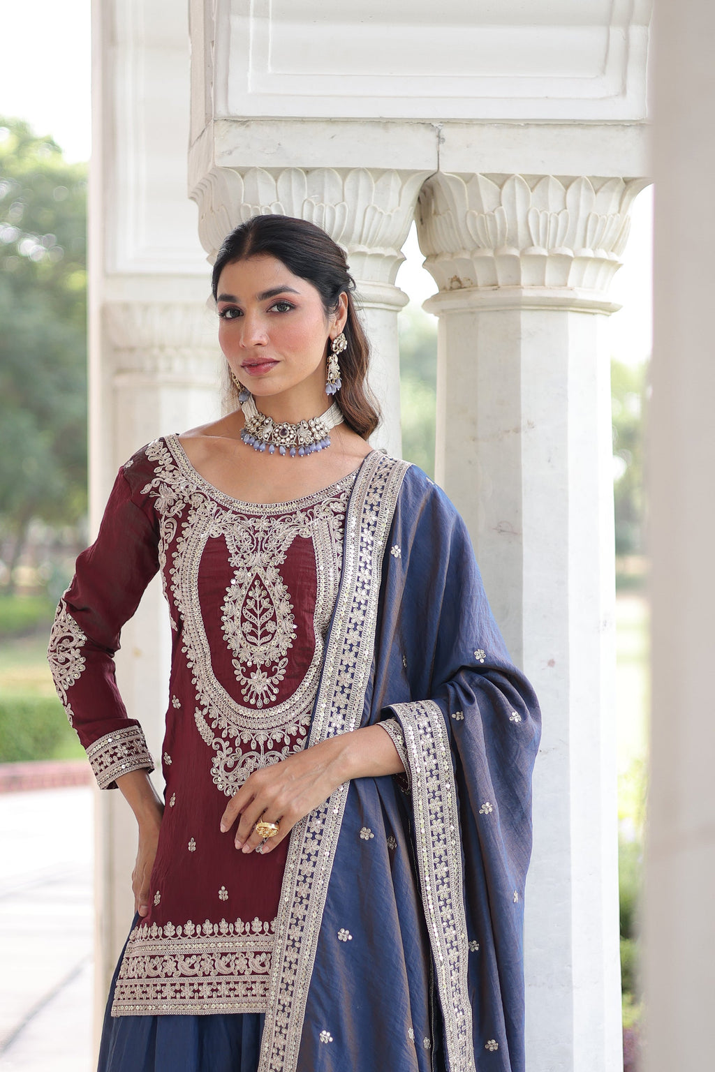 Maroon NC Silk Kurta Sharara Set with Sequins and Coding Work