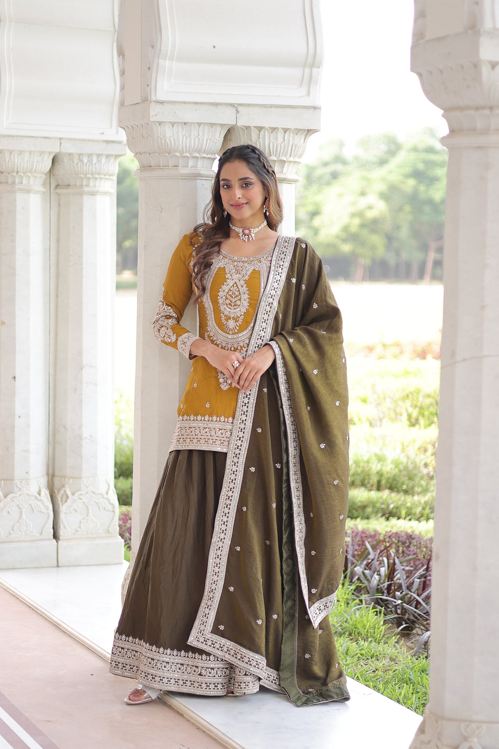 Yellow NC Silk Kurta Sharara set with heavy sequins and coding embroidery detail