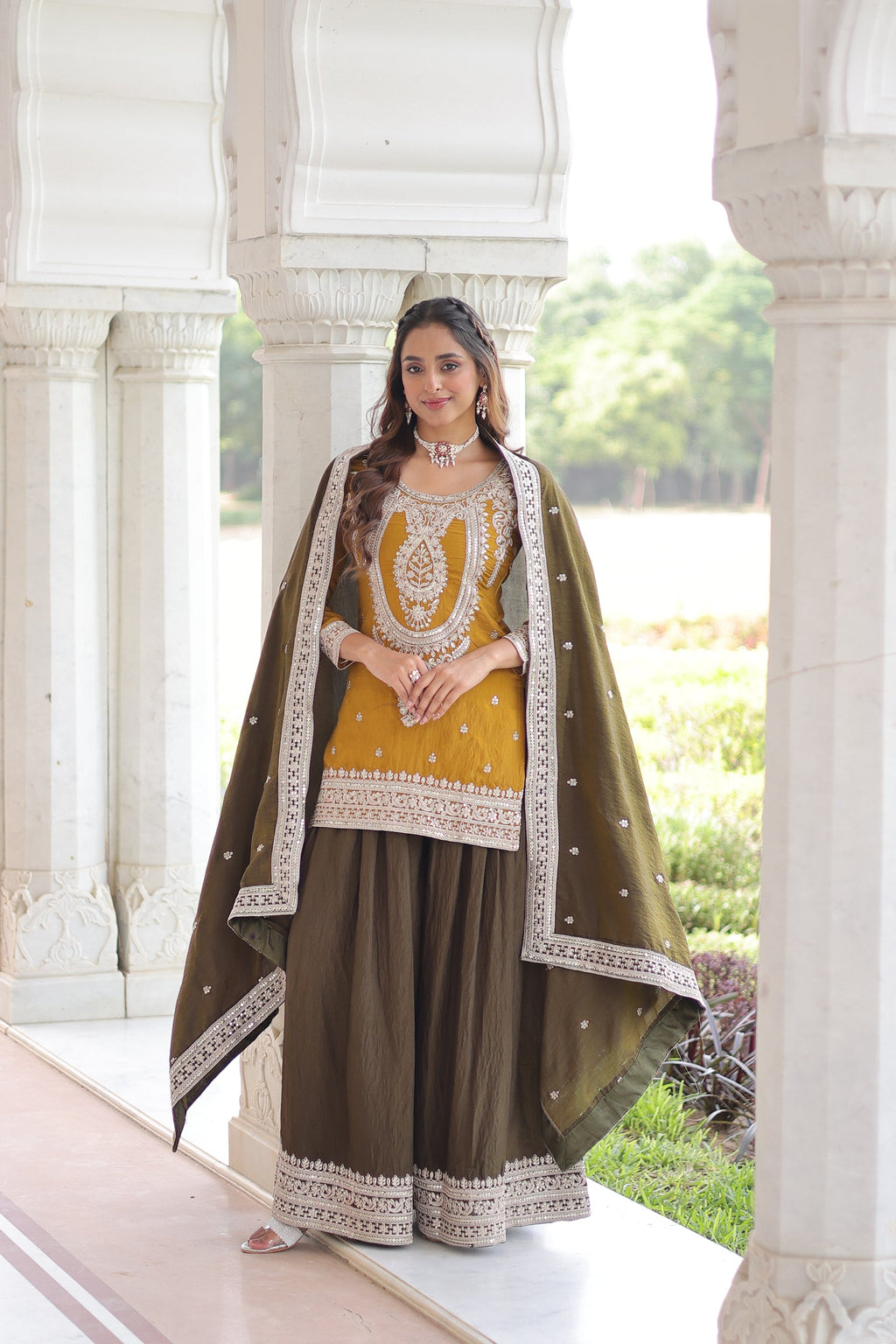Yellow NC Silk Kurta Sharara Set with Sequins & Coding Embroidery