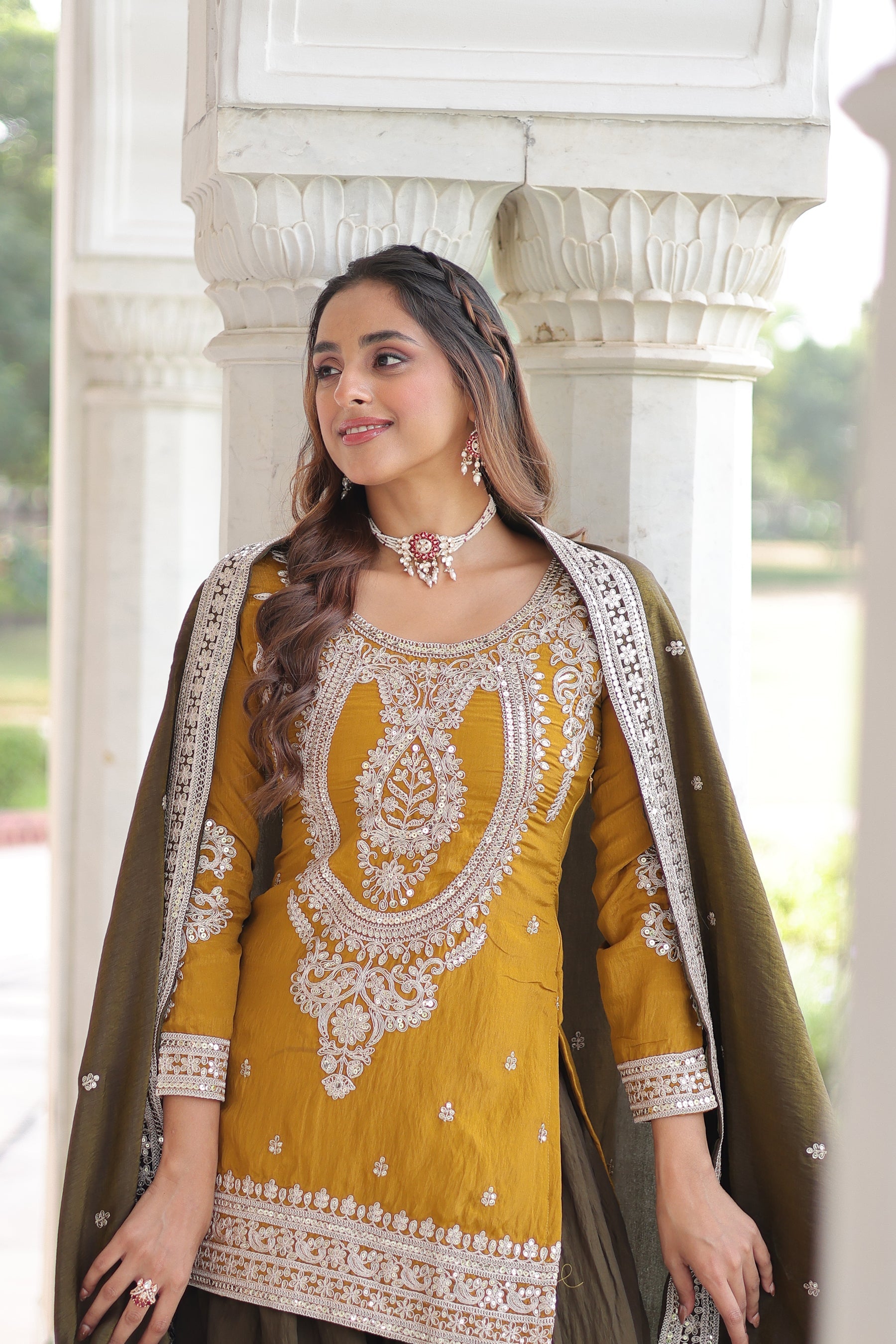 Yellow NC Silk Kurta Sharara Set with Sequins & Coding Embroidery